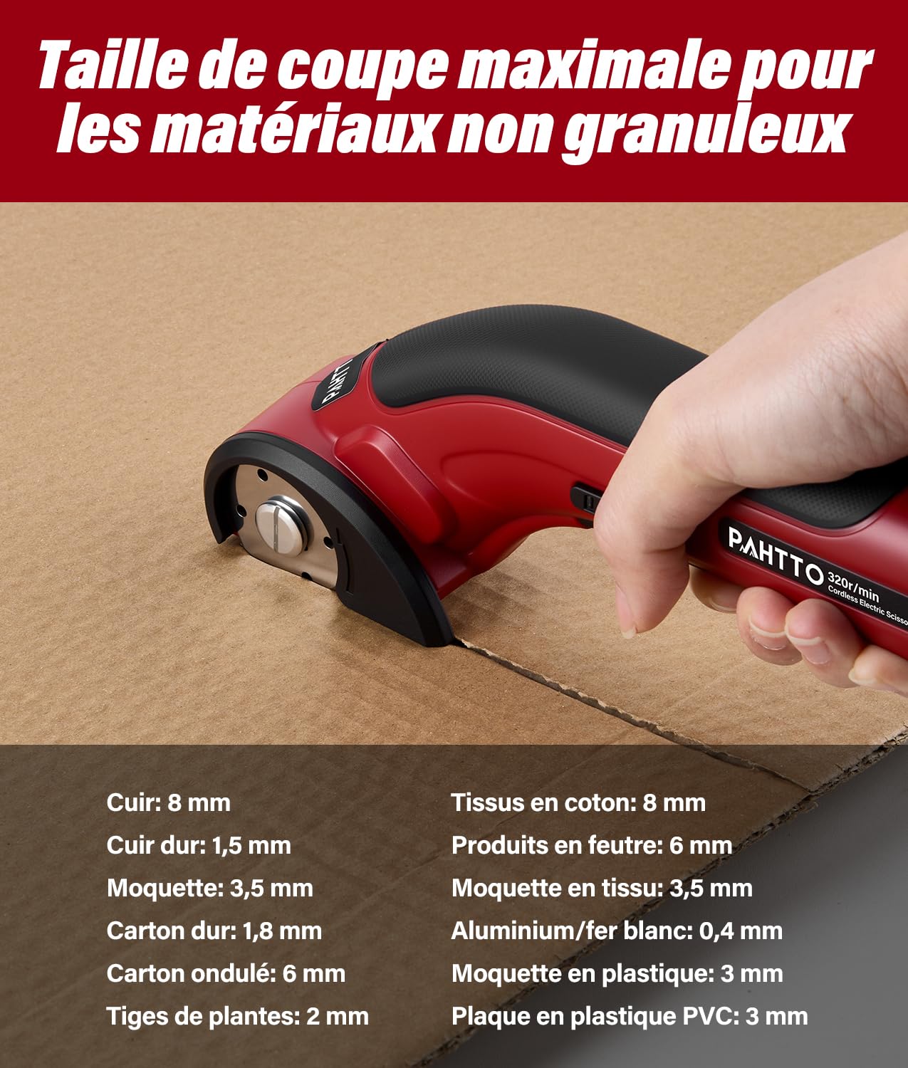 PAHTTO Cisaille électrique Coupe-carton 4 V, 320 tr/min, coupe-rouleau sans fil Coupe-tout universel avec 2 lames auto-affûtantes et chargeur, pour papier, carton, moquette, cuir, tissu (rouge)