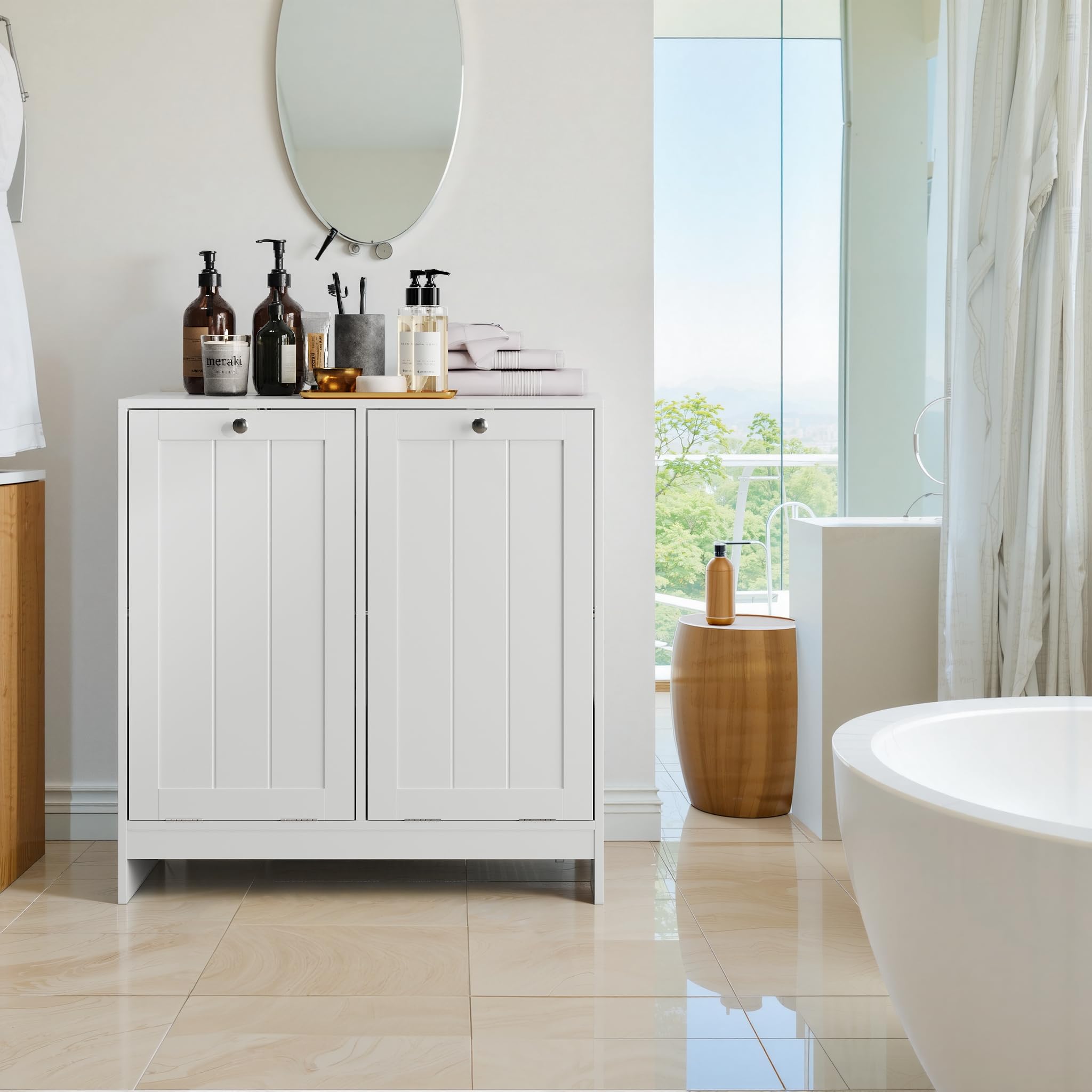 Badezimmerschrank mit Wäschekorb 42x32x76 cm Weiß, kippbar, 2 herausnehmbare Körbe, mit Wäschekippe und Kippschutz, freistehend, für Waschküche und Bad