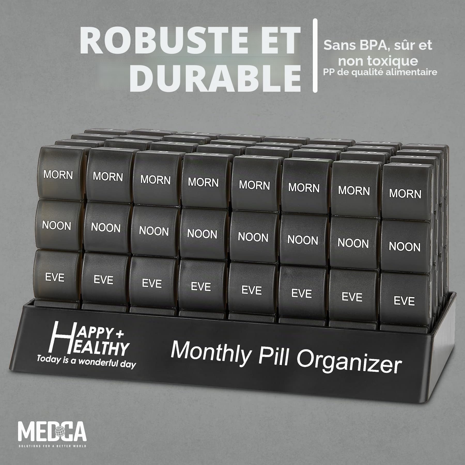 Pilulier mensuel - 4 fois par jour matin-midi-soir-nuit - Grands piluliers quotidiens 32 avec compartiments pour vitamines, suppléments, médicaments - Pilulier mensuel de voyage, noir
