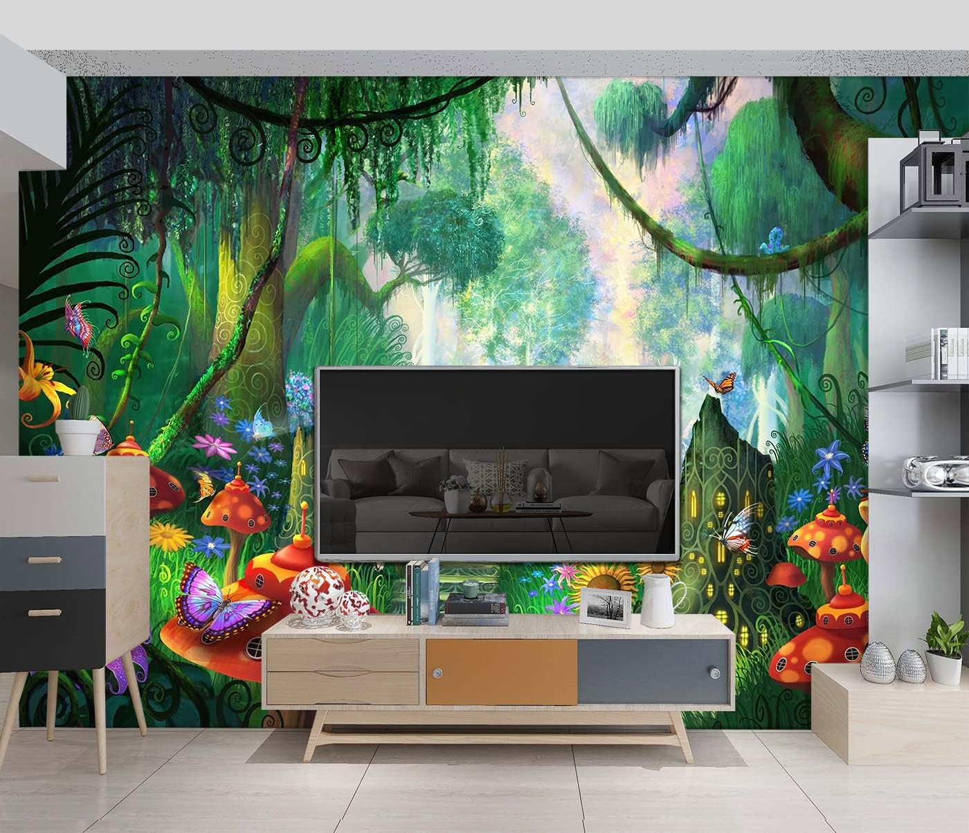 Enchanted Forest Backdrop Wallpaper Dream Tree Mushroom House murals Nursery Kids Bedroom Boys and Girls Room Decor Home Living Room Large wall Mural - 160"x108" Not Peel and Stick