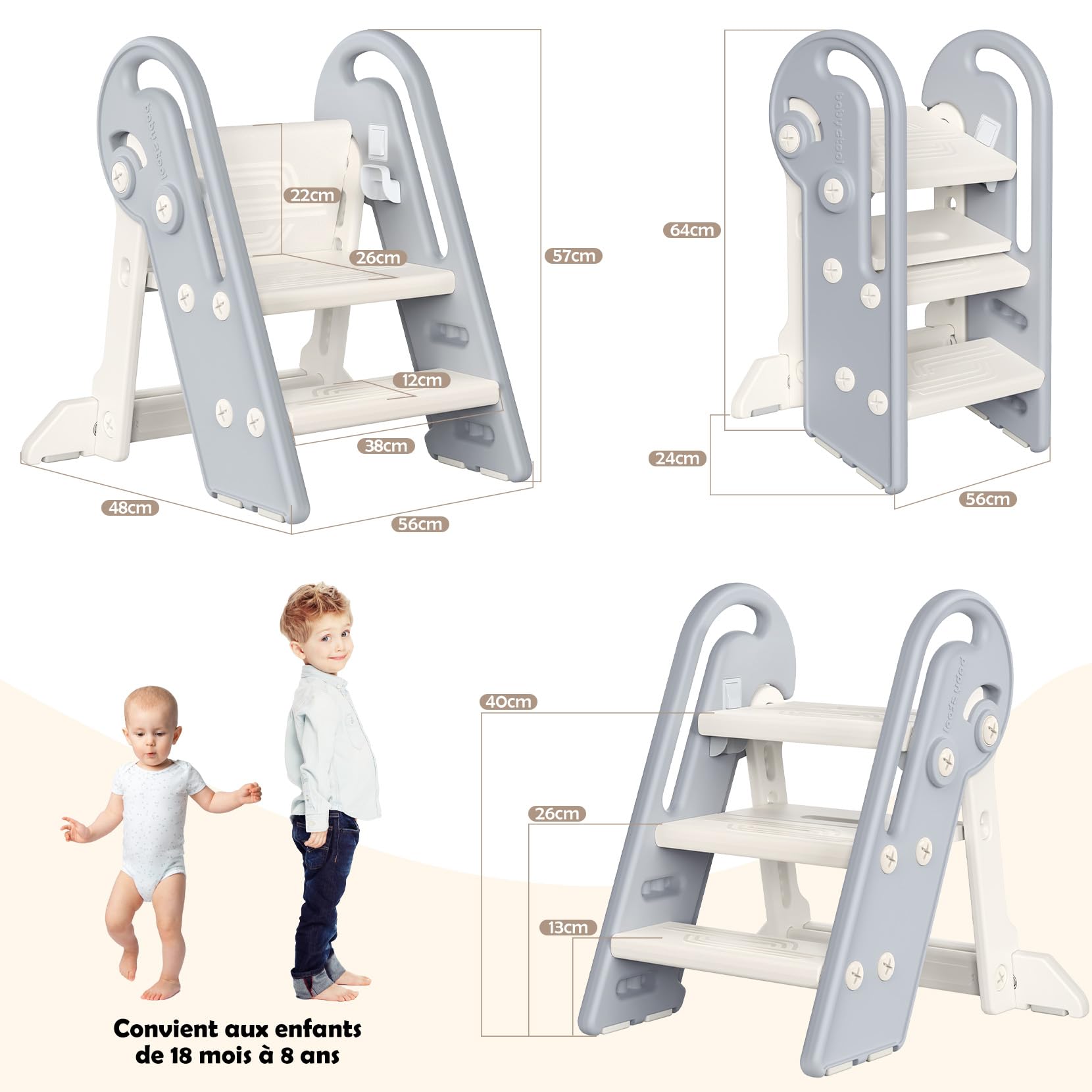 Onasti Marche Pied Enfant, Tabouret 3 Marches pour Bébé, Marche Pied à Hauteur réglable, Pliable, Multifonction et Antidérapant Parfait, pour Cusine, Salle de Bain,Chambre à Coucher (Gris)