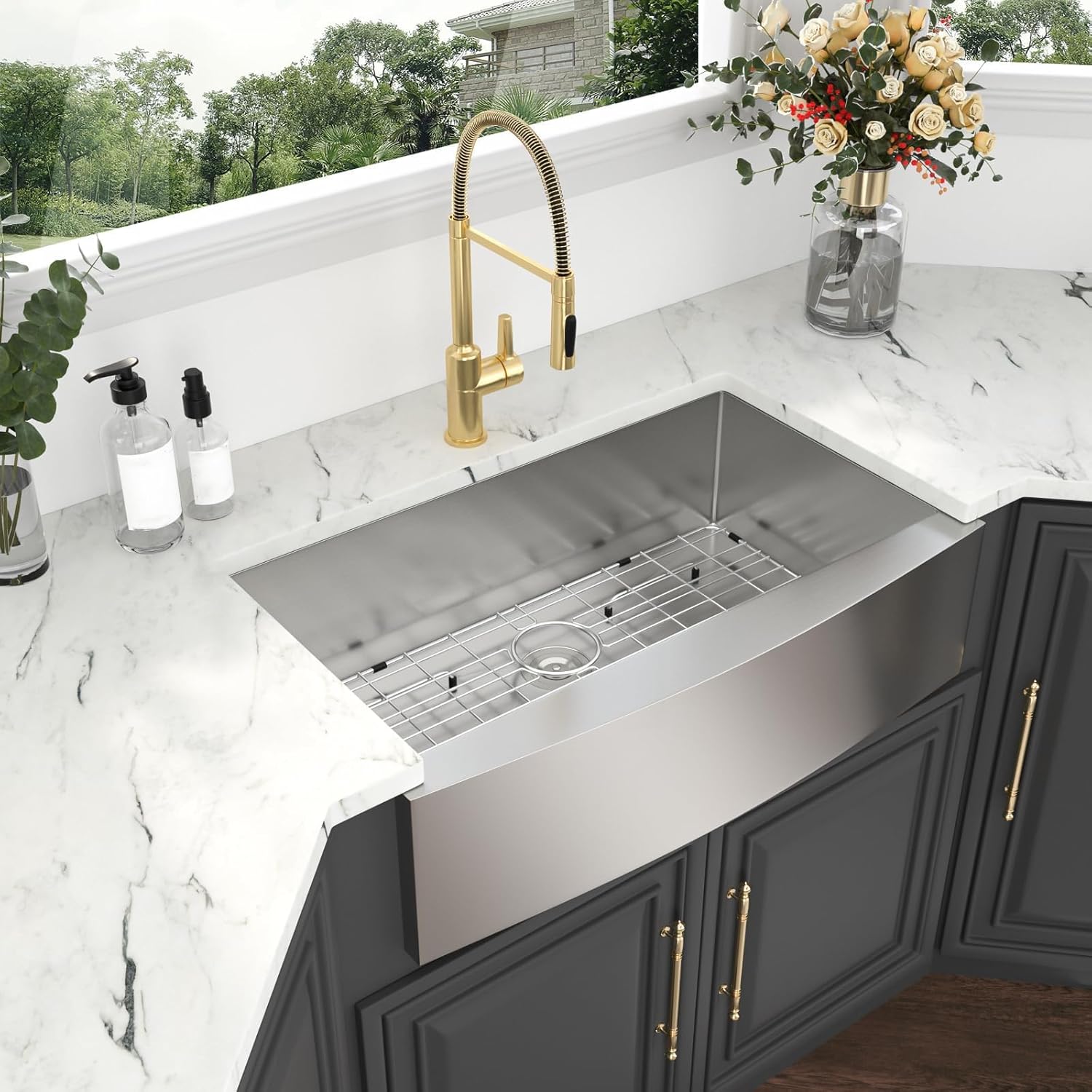 Kichae 33 Inch Farmer Sink - 33 x 20 Farmhouse Sink Stainless Steel 16 Gauge Single Bowl Apron Front Farm Style Basin