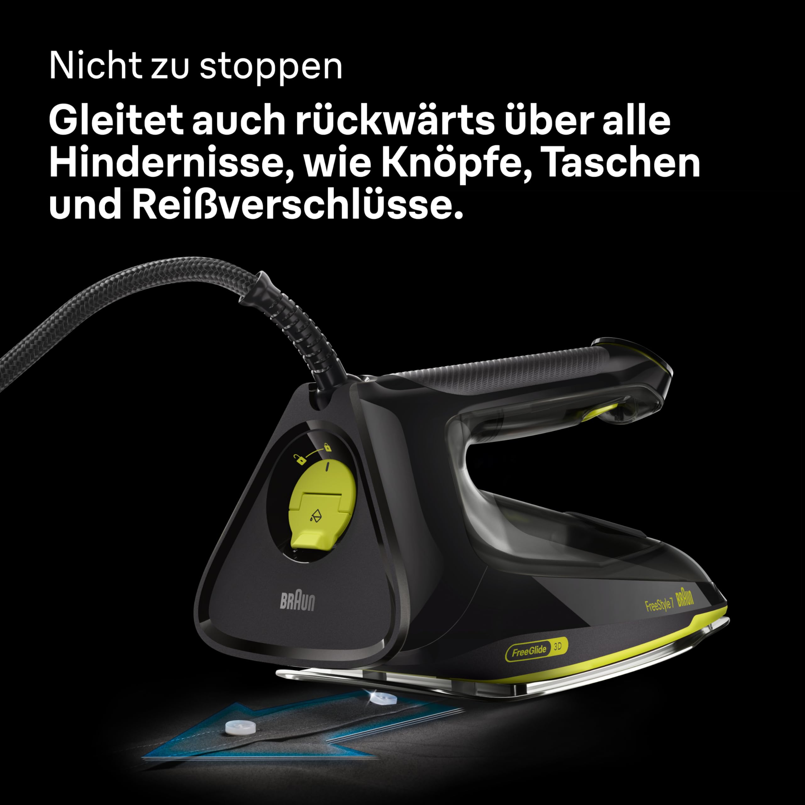 Braun FreeStyle 7 – Dampfbügeleisen mit ergonischem Griffdesign, Bügelergebnisse wie mit einer Dampfbügelstation, Schnelles und müheloses Bügeln, Schwarz/Grün (FI 7255 GR)