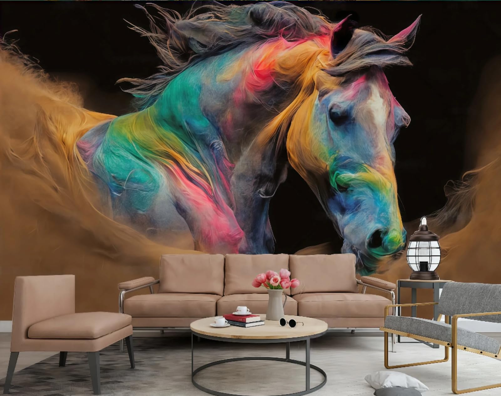 Tapeta nowoczesna abstrakcyjna kolorowa sztuka pomarańczowy i zielony kolor malowany konia reliefowy obraz TV sofa tło tapeta ścienna salon restauracja kawiarnia mural, 3D, 150 x 105 cm