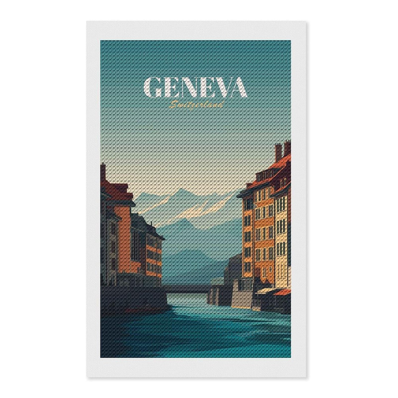 Junmoney Geneva, Switzerland Travel (2) Diamond Art Canvas 12"x20", for Adults, Mindful Craft Activity, Modern Decor, Christmas Gift, Full Kit Included