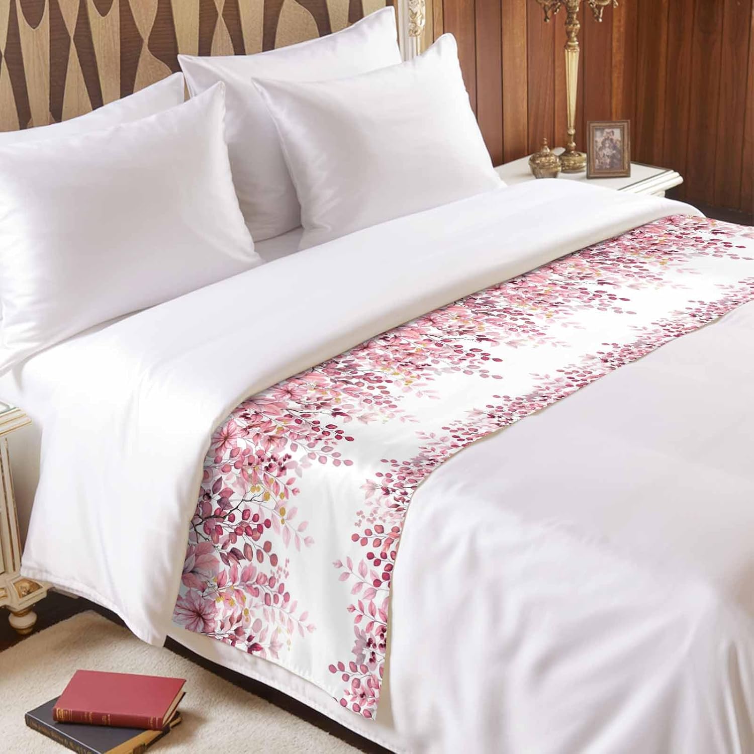 Pink Eucalyptus Leaves Bed Runner Scarf Bedding Accessory For Full Size Bed,Soft Bed Scarves And Runners Stainproof Dustproof Bedroom Protector For Hotel,Abstract Watercolor Branches 83"x20"