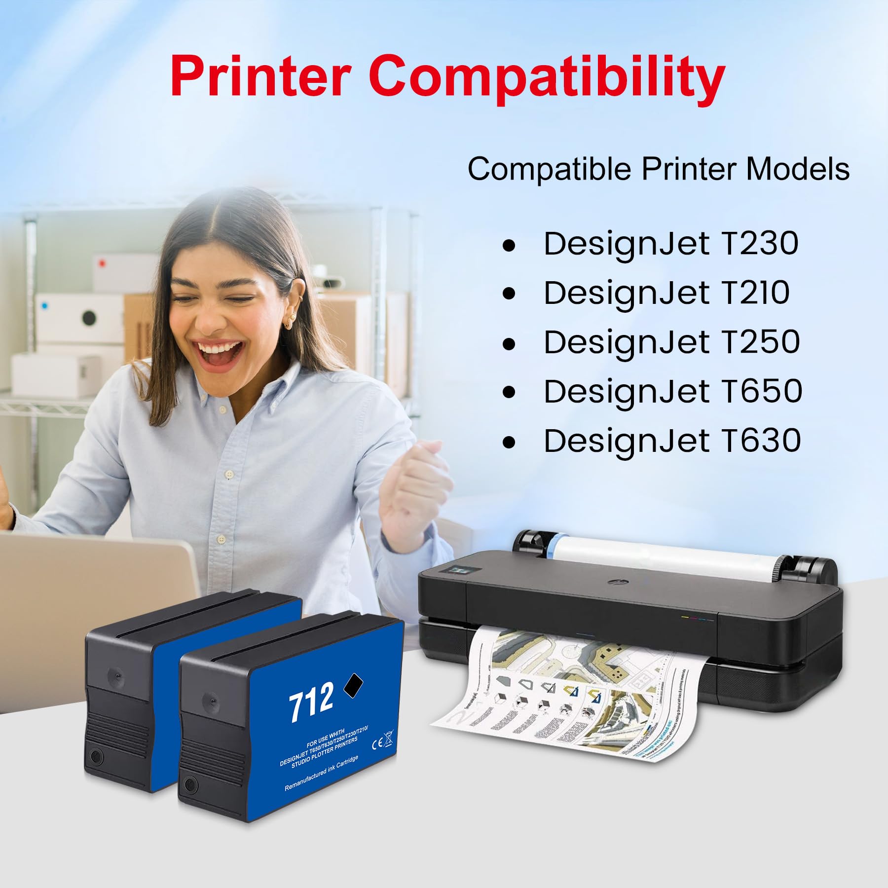 Wiederaufbereitete 712 712XL 712 XL Patronen Ersatz für HPQ 3ED70A 3ED71A für DesignJet T650 T630 T250 T230 T210 Studio Drucker (2 Stück Schwarz)