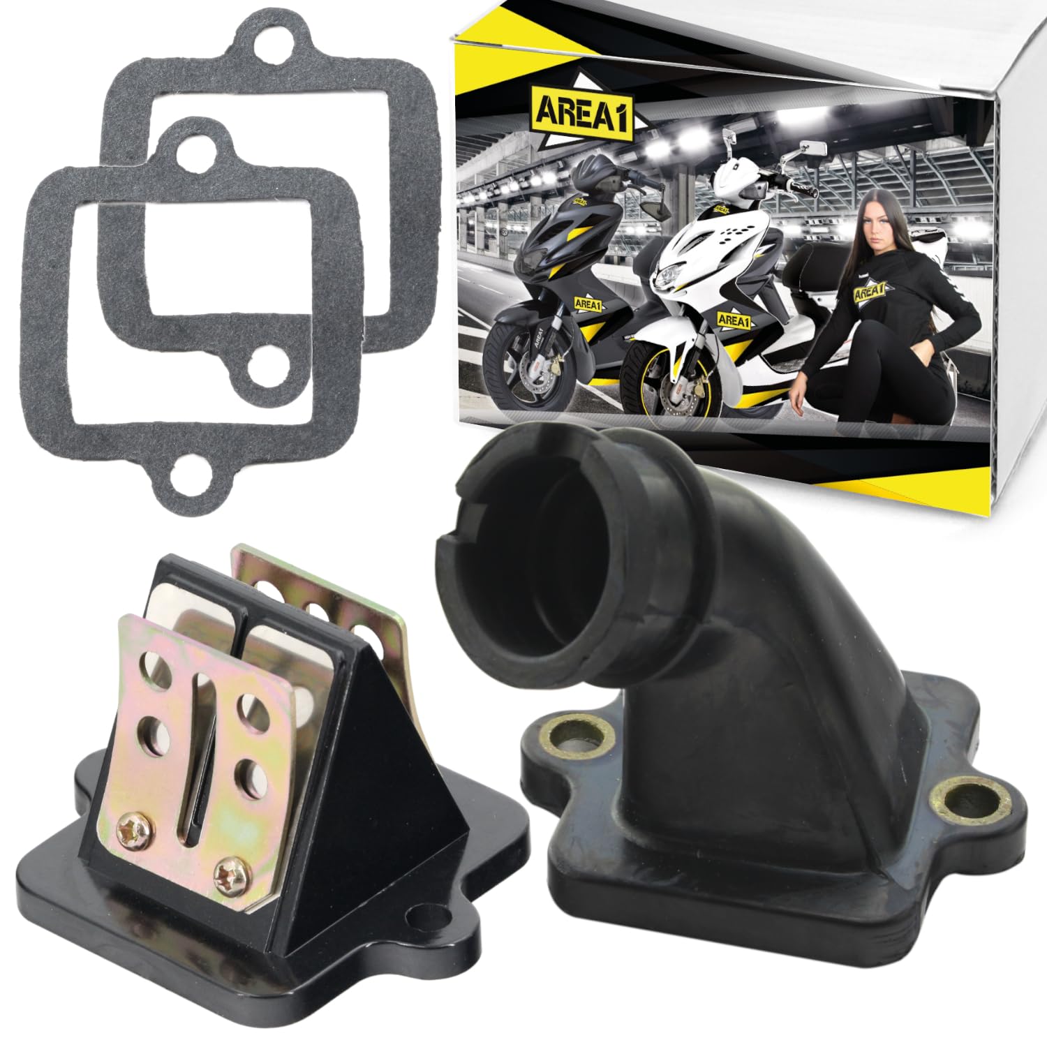 Area1 Pacco Lamellare + Collettore di Aspirazione di Ricambio per Scooter 50cc 2T – Compatibile con Speedfight 3, Speedfight 4, Jetforce, Citystar, Django, Elystar, Ludix, Kisbee, Looxor, New Vivacity