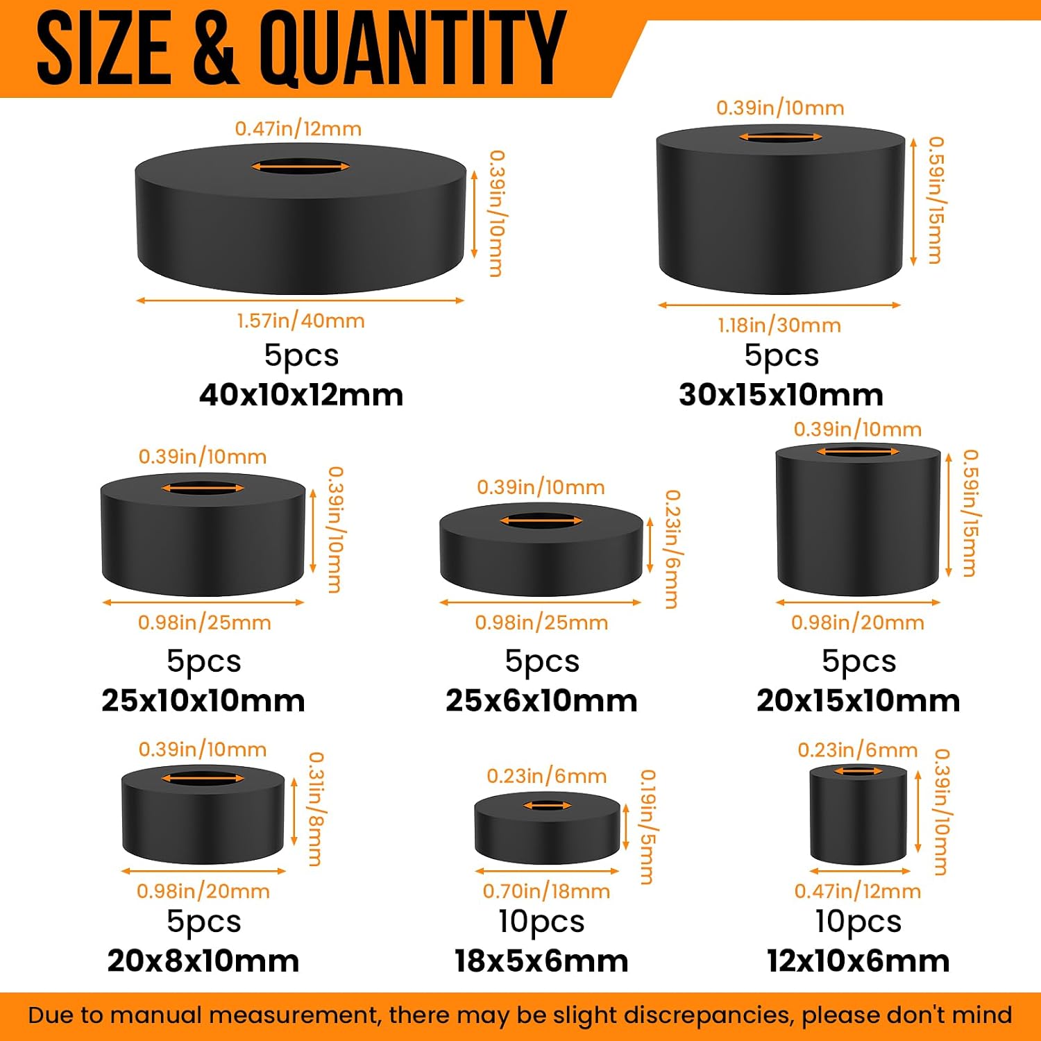 50 Pcs Rubber Spacer Assortment Kit, 8 Sizes Black Thickness Bushings