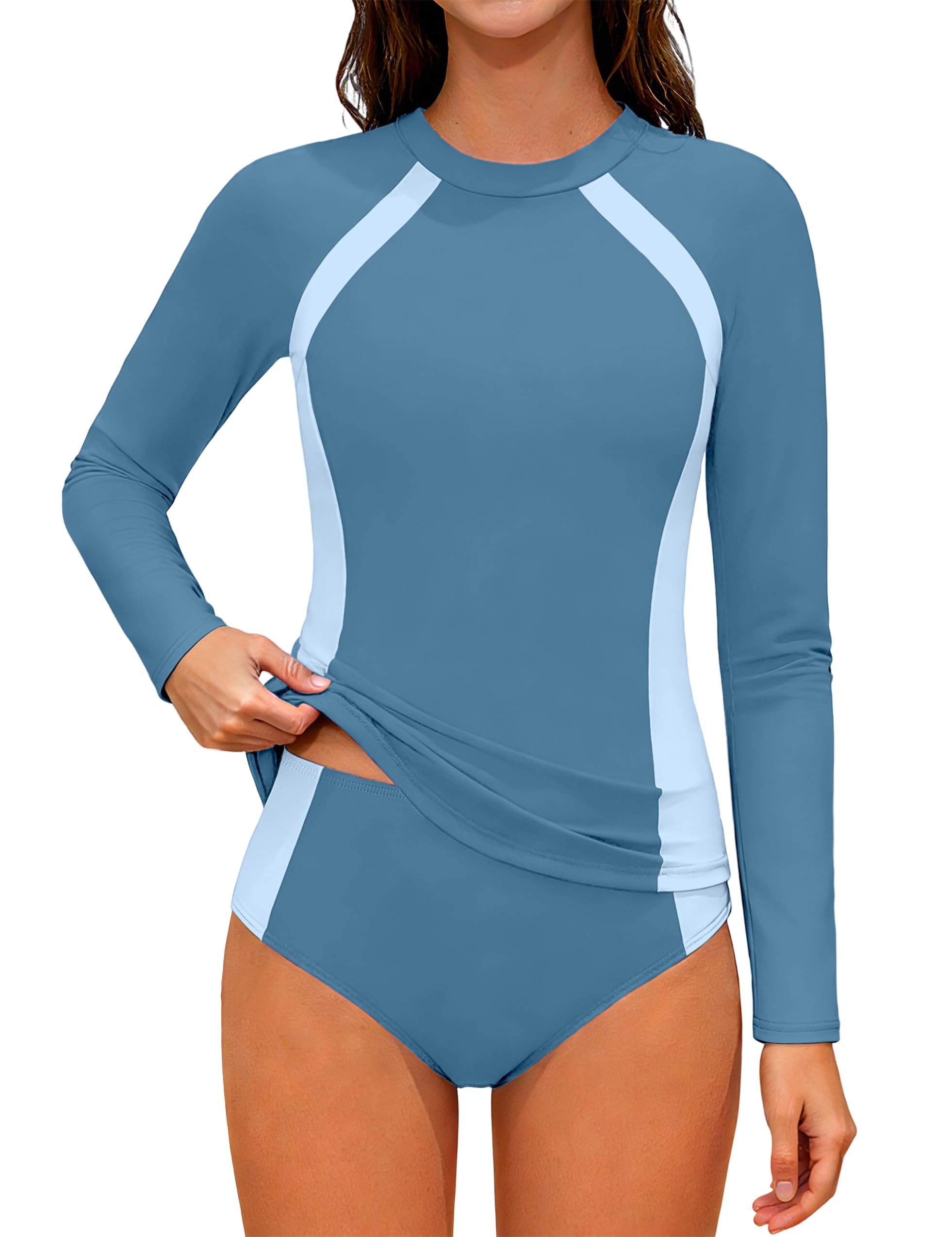 Photo 1 of TyeSmo Girls Swimsuits Size 10-12 Rash Guard Swimsuit Long Sleeve Girls Bathing Suits Size 10-12 Two Piece Color Block Swimsuit for Girl 10 12 UPF 50+ Sun Protection Padded Swimwear Blue