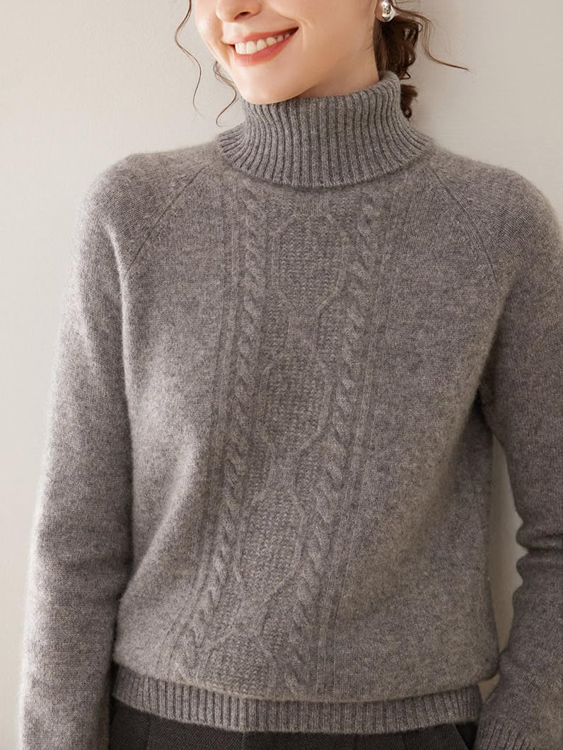 DISSA Maglione da donna in cashmere, a collo alto, a maniche lunghe, in lana cashmere, motivo a treccia, maglione spesso rilassato, SH530