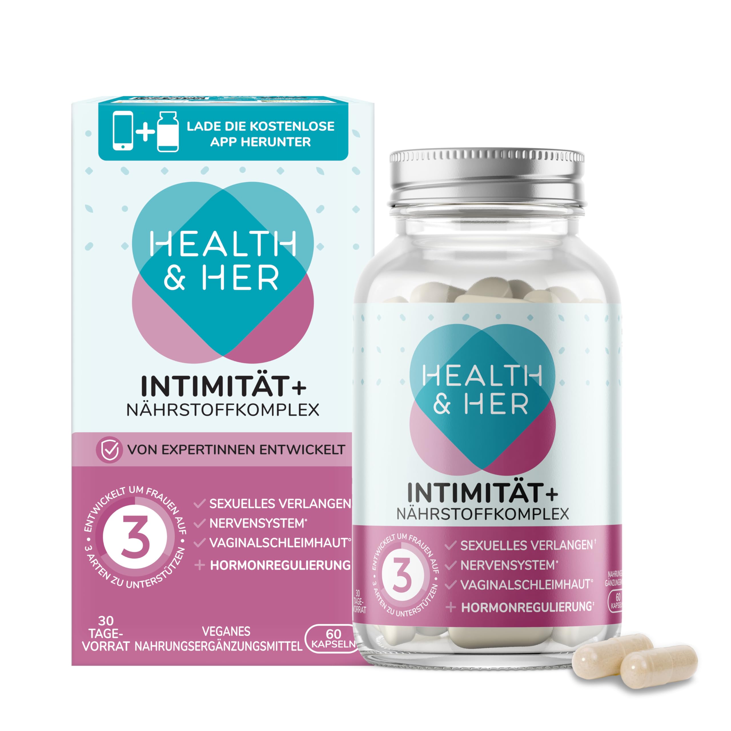 Health & Her Intimität+ Libido Booster für Frauen - Wechseljahre Kapseln - Enthält Maca-Wurzel und Tribulus - 1 Monatsvorrat - 60 vegane Tabletten