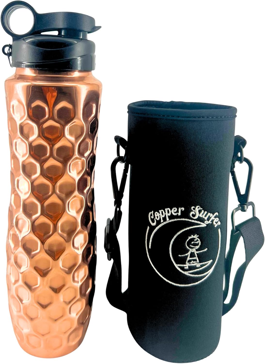 32oz Pure Copper Water Bottle (950ml) – Ayurvedic Drinking Bottle, Leak-Proof Lid, Cup Holder Friendly, BPA & PFAS Free, Smooth or Honeycomb Design (Honeycomb black)