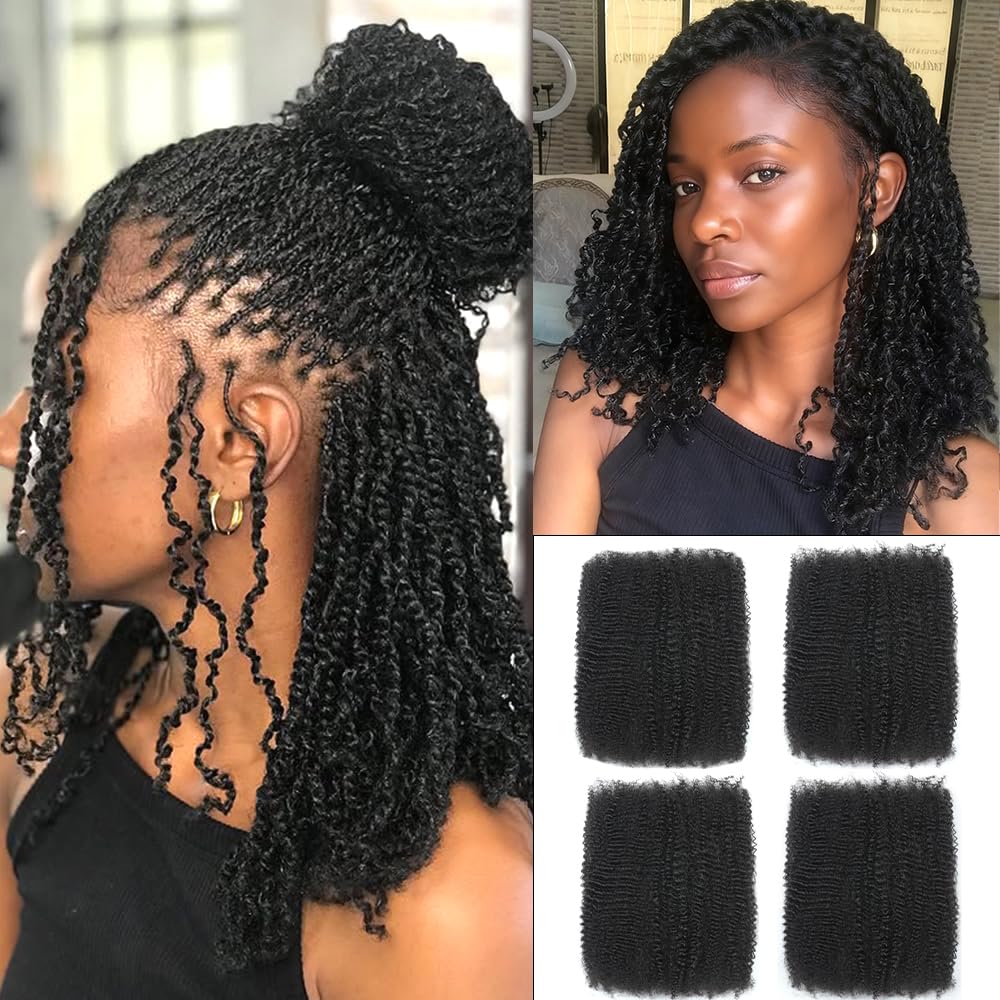 Afro Kinkys Bulk Human Hair 12 Inch Afro Kinky-Curly Human Hair Bulk for Twist Dreadlock Extensions Locs Repair Soft 4C Curly for Braids 4 Bundles 60 Gram Natural Color#