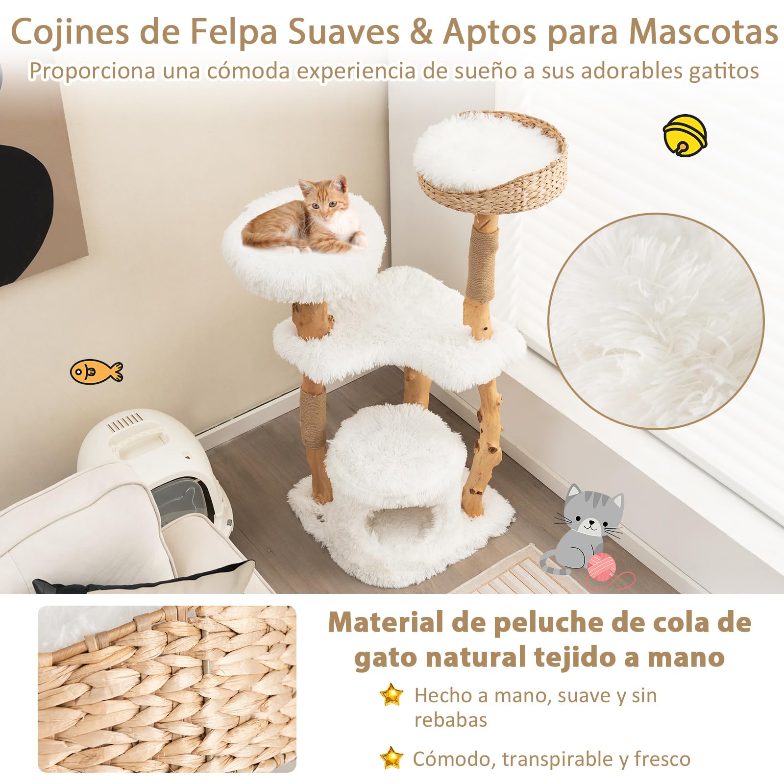 COSTWAY 124cm Árbol Rascador para Gatos de Madera Maciza, Torre Rascador para Gatos con Postes de Sisal, Condominio, Plataformas, Centro de Actividades de Múltiples Niveles para Gatos, Blanco (124cm)
