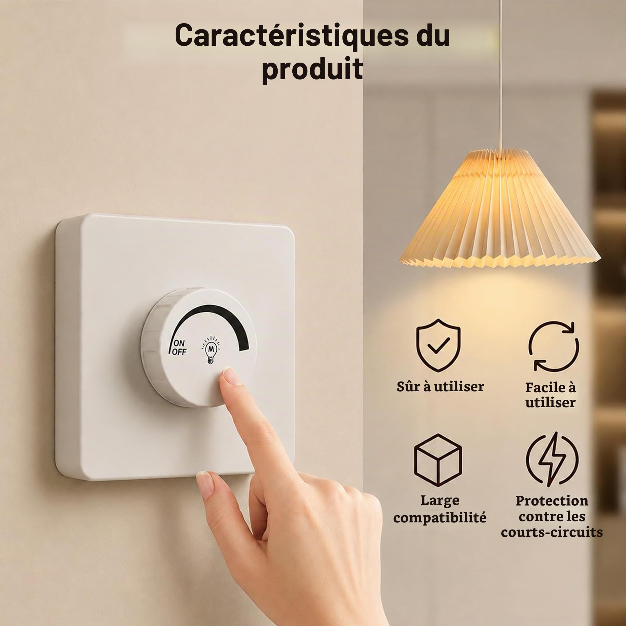Interrupteur Variateur LED Blanc 87x87 mm, Variateur Lumiere LED avec Interrupteur Rotatif Universel, Interrupteur Dimmable pour LED à Intensité Variable, Réglage Progressif