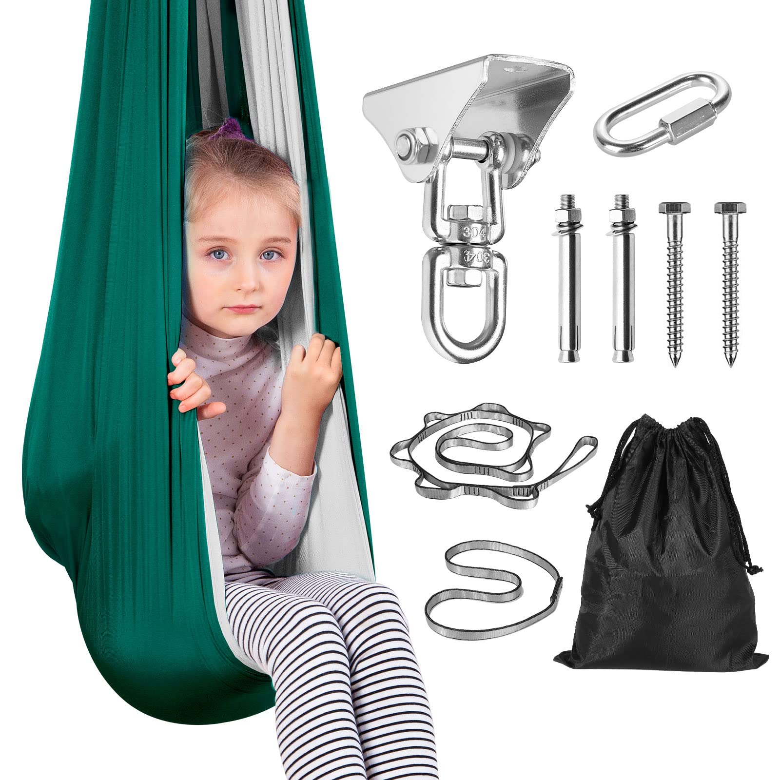 Sensory Swing Hammock for Kids - Indoor Outdoor 360° Rotate Thickened Double Layer Kids Therapy Swing Cuddle Pod Swing Gifts for Autism Adult Child Boys Girls with Special Needs (Dark Green+Grey)