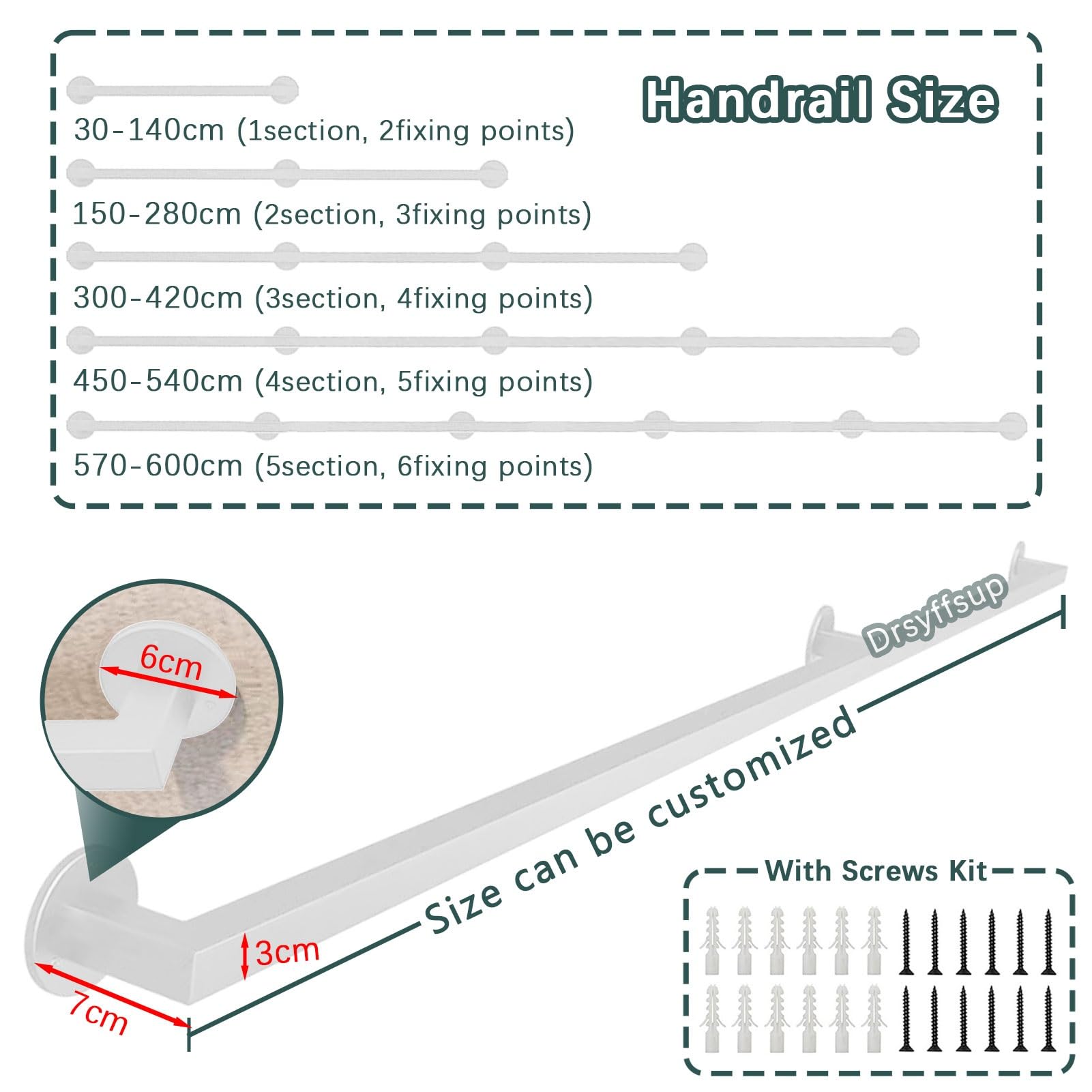 Quadratischer Handlauf aus Eisen für Innentreppen, 300 cm, rutschfest, Sicherheits-Haltegriff-Set mit Wandhalterungen und Metallschrauben