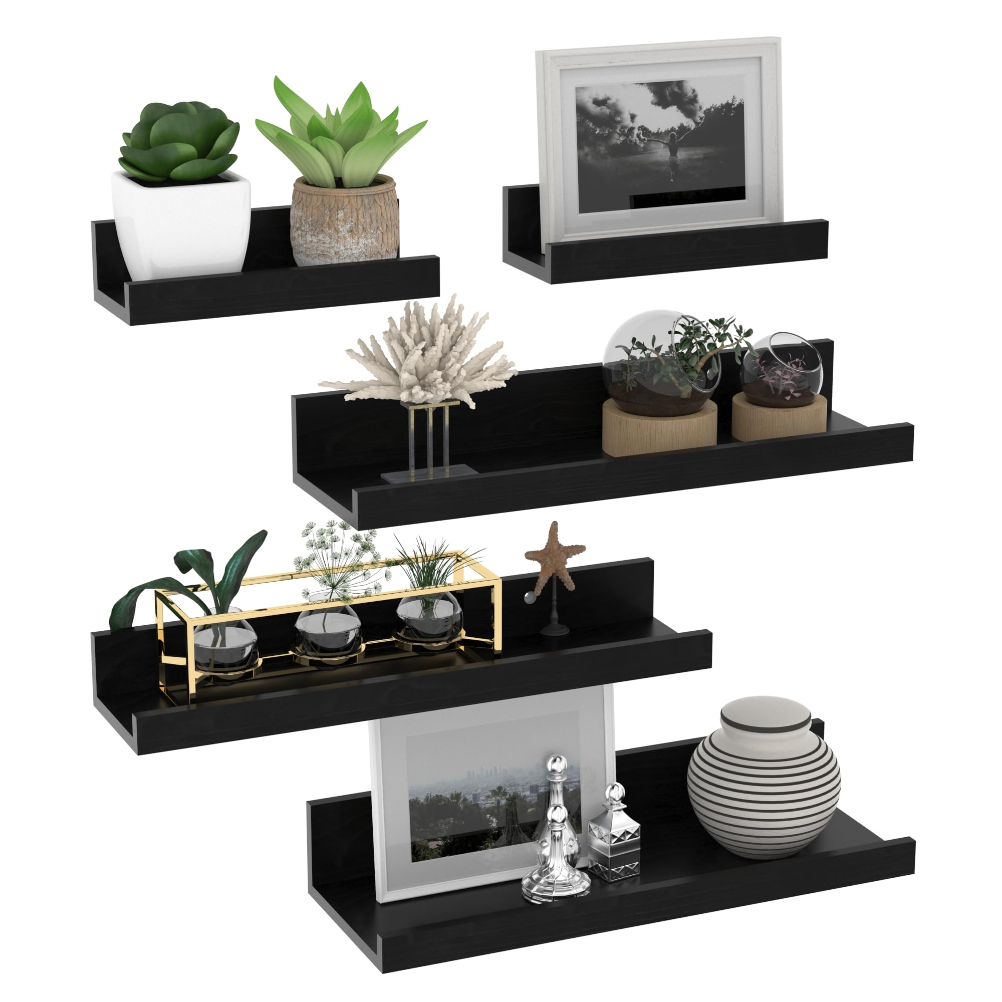 Giftgarden 40cm Estanteria Pared de Madera, Baldas Pared Negro para Baño, Entrada Recibidor, Cocina, Salon-Juego de 5 con Diferentes Tamaños