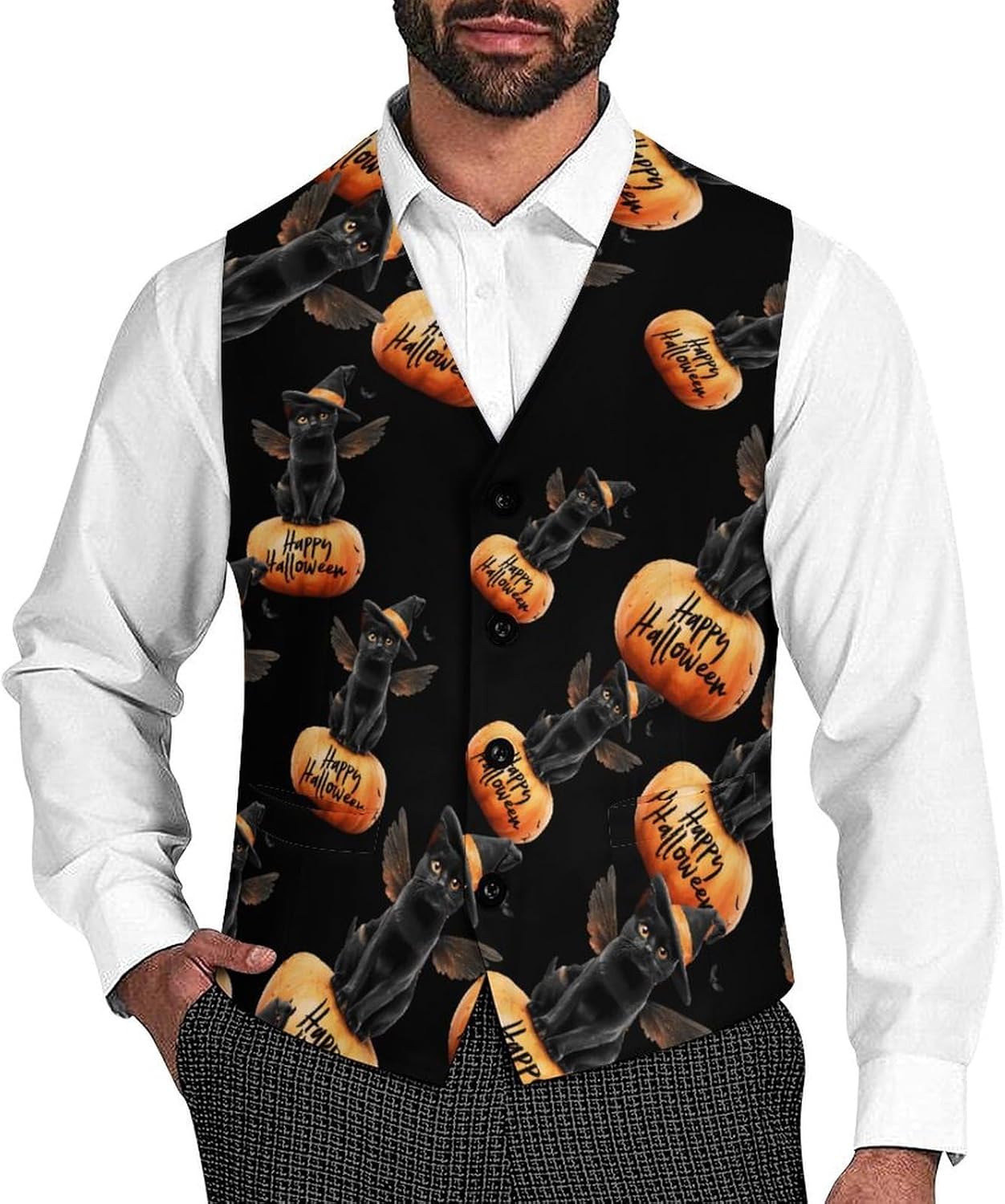 Halloween Black Cat Witch Men's Suit Vest Formal Vests Casual Dress Fit Waistcoat Casual Tuxedo for Business