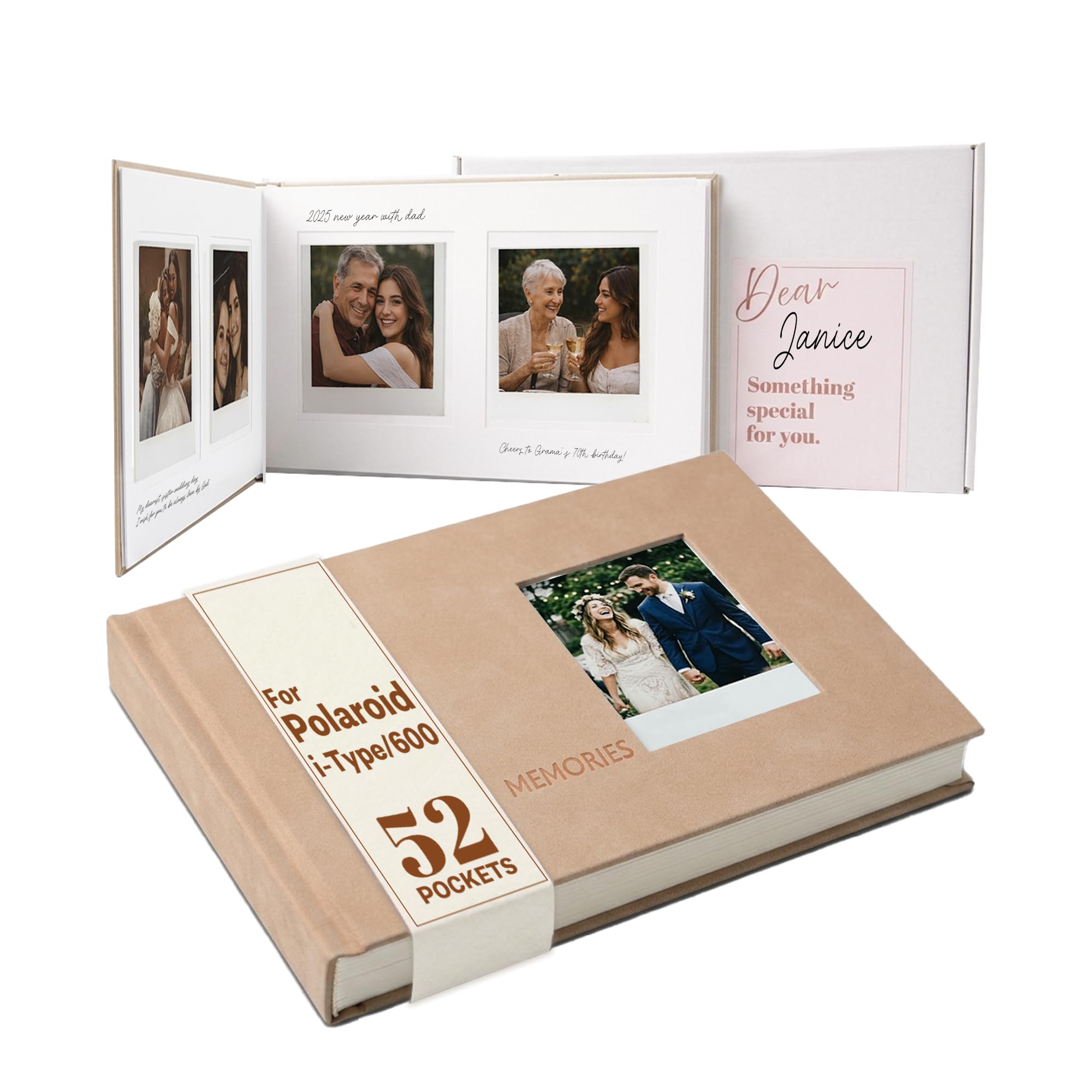 Tapeera 52 Pockets Instant Photo Album with Writing Space - Compatible with Polaroid i-Type 600 SX-70 Film, Hardcover Polaroid Photo Album, Guest Book for Wedding, Memory Scrapbook (Beige)
