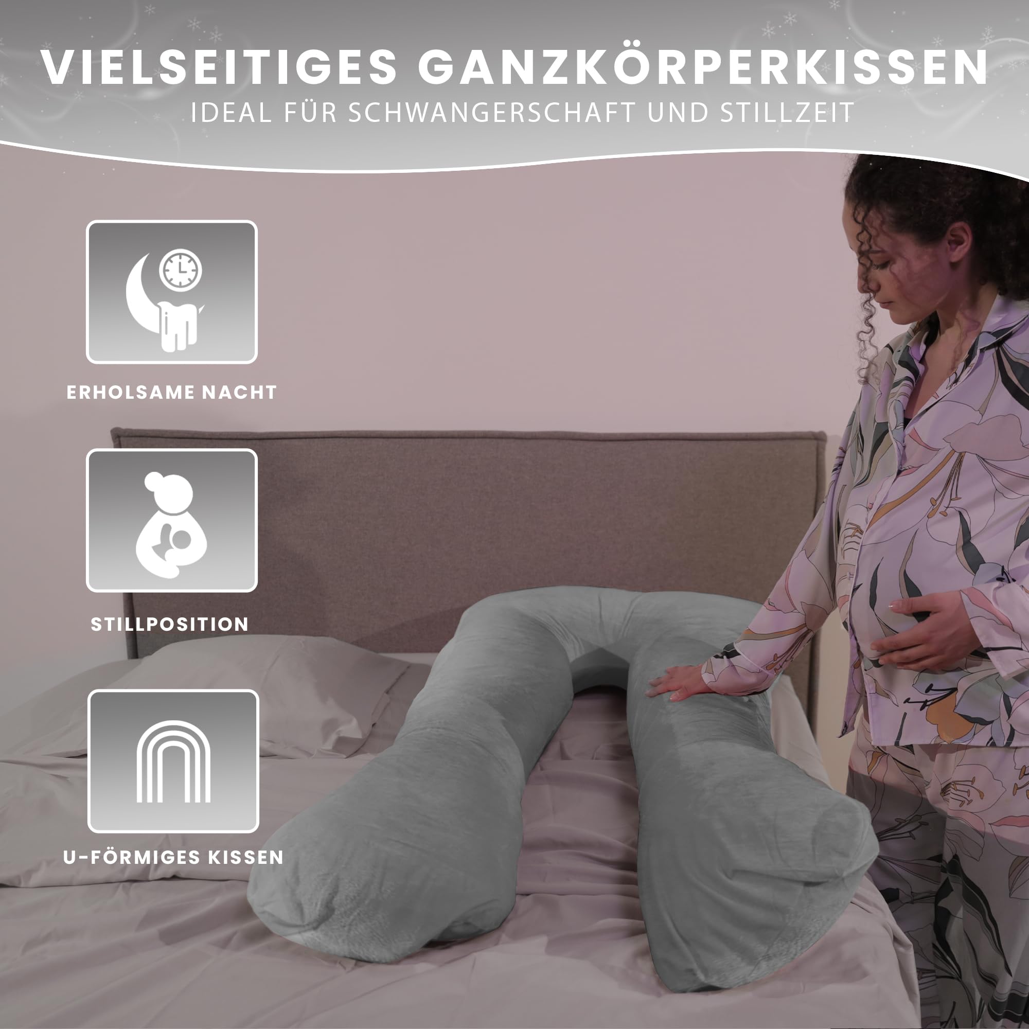bananair - Schwangerschaftskissen und Stillkissen in U-Form - Weich & Bequem - Entlastet Rücken & Nacken, Seitenschläferkissen - Abnehmbarer Bezug & Maschinenwaschbar (140 x 80 cm, Grau, Samt)