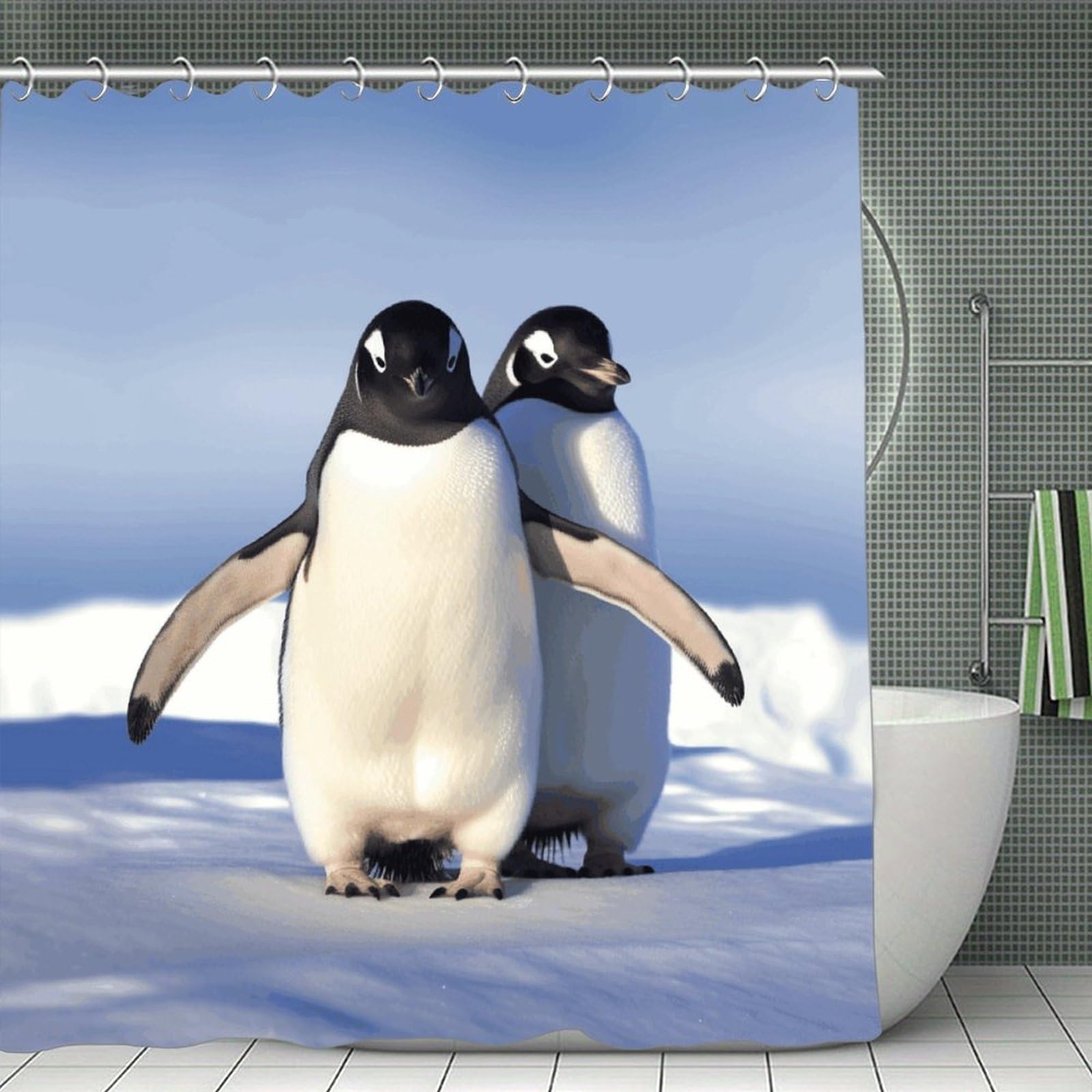 FekiLoot Cute Penguin Shower Curtain with Hooks Modern Farmhouse Bathroom Curtain Waterproof Cloth Bath Curtains Cute Washable Blackout Privacy Curtains for Bathroom Bathtub 70.8"x70.8"