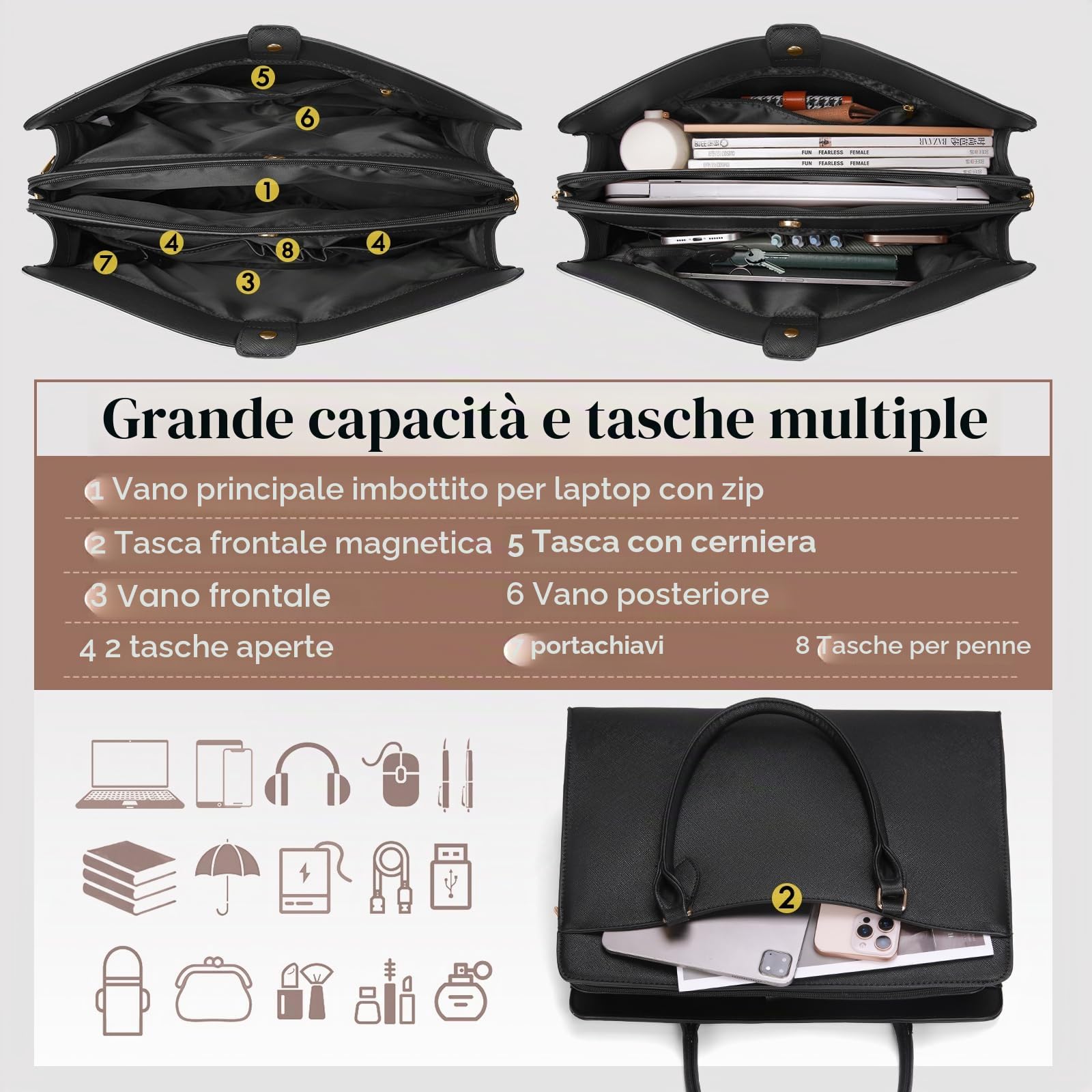 RAINSMORE Borsa Università Donna in Pelle PU Porta PC Impermeabile Nera Tracolla Shopper Business Lavoro