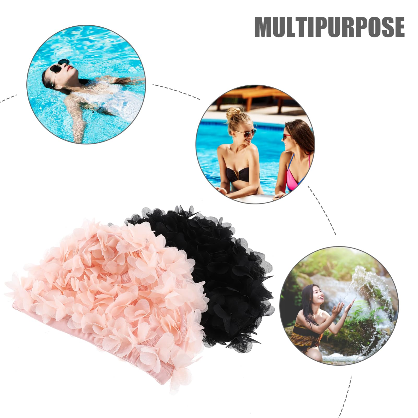 Cuffie da Nuoto Elastiche a Petalo, 2 Pezzi Rosa Nero per Donne | Nylon Leggero, Facile da Indossare e Togliere, Protegge i Chioma, Comfort in Piscina per Adulti