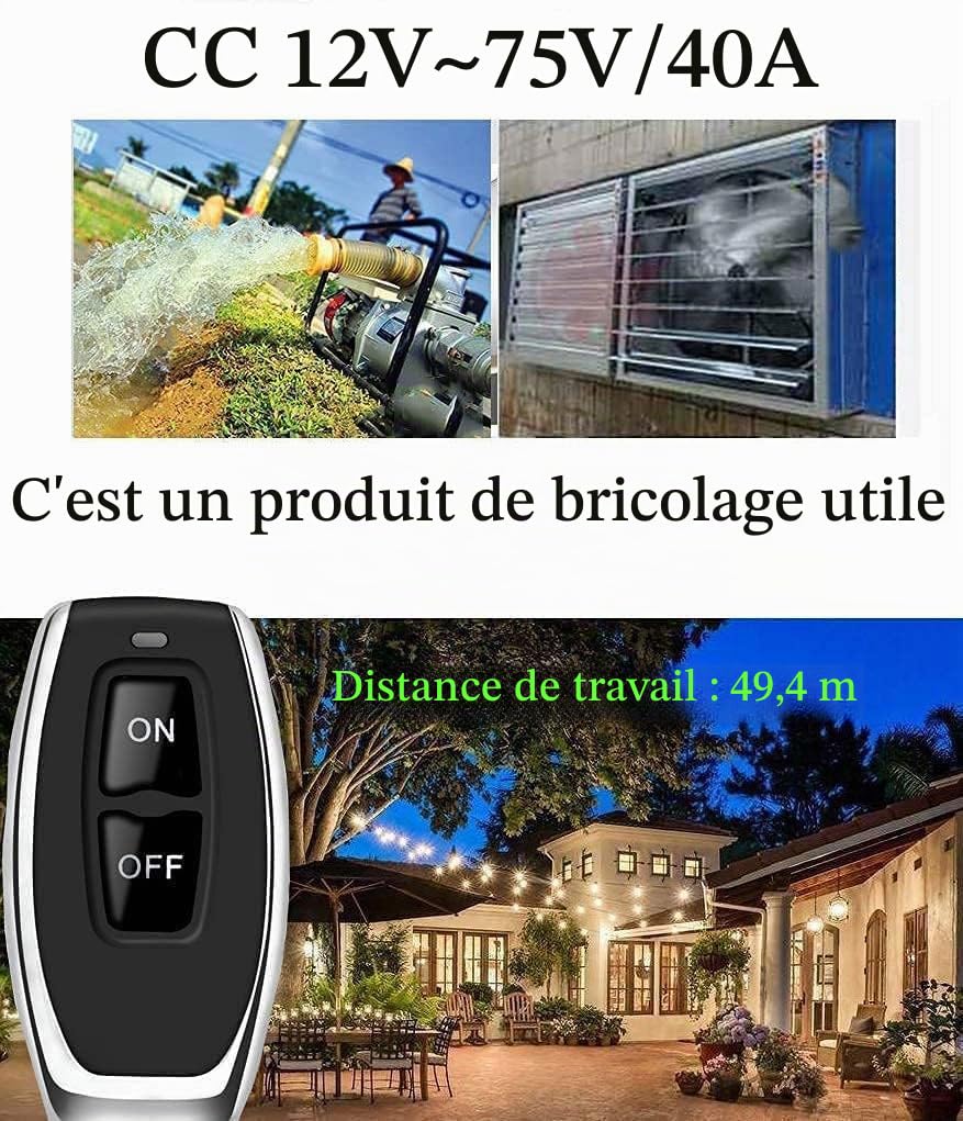 DieseRC Commutateur de télécommande sans fil 433Mhz Contrôle radio DC 12V 24V 36V 48V 12V-75V 40A Relais récepteur et émetteur porte-clés pour l'éclairage des appareils ménagers de la pompe à eau