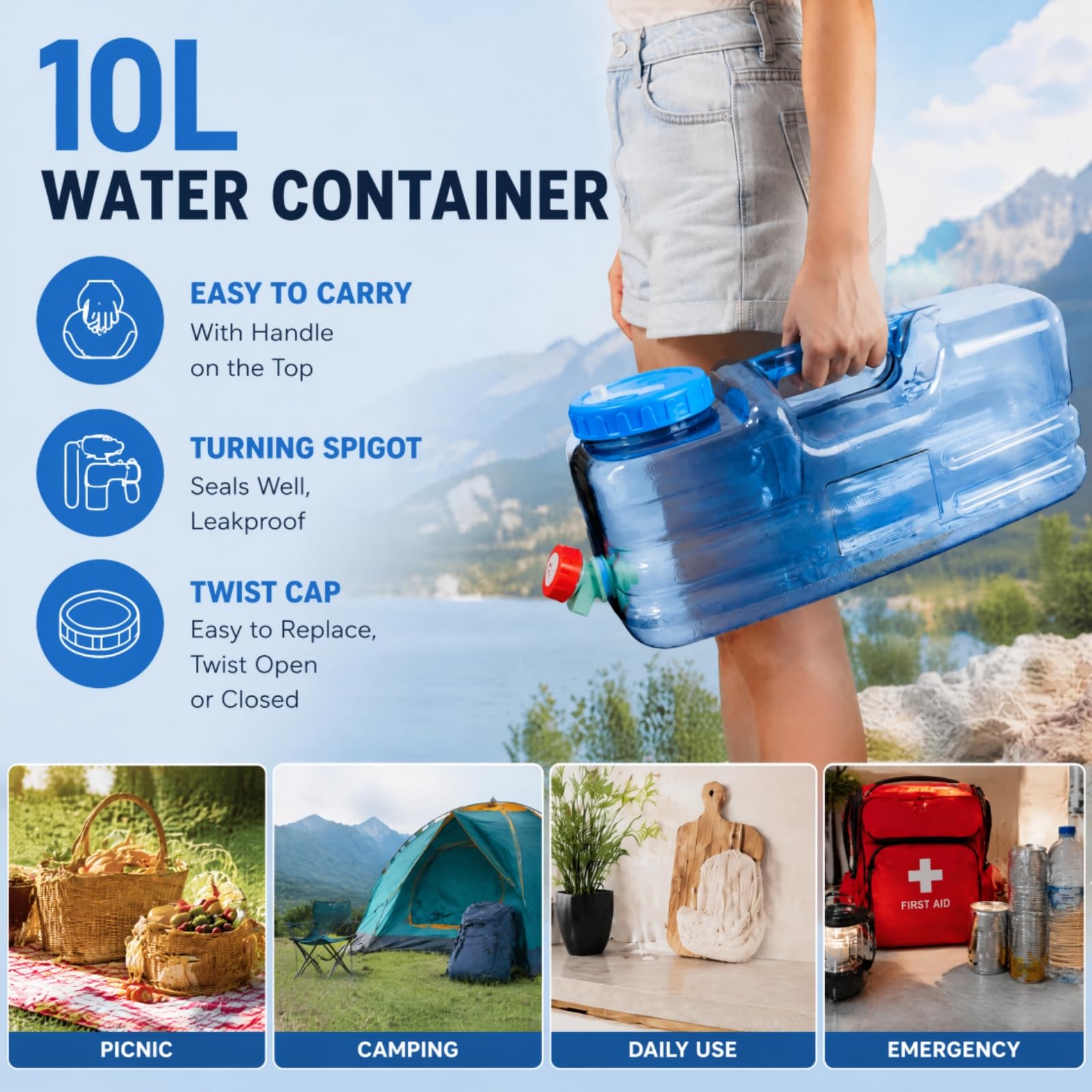 Dicunoy Contenedor de agua para camping, jarra de agua portátil de 2.6 galones con espiga, dispensador de agua grueso con amplia apertura de relleno para senderismo, picnic, vehículo, al aire libre