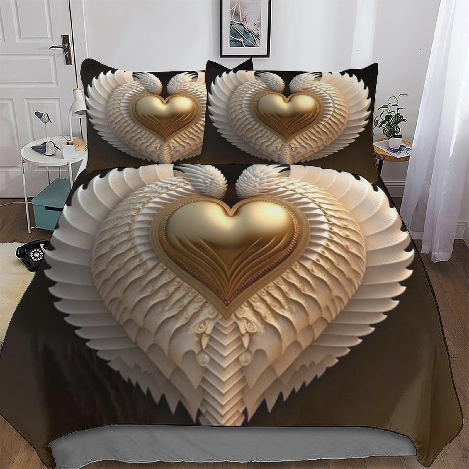 Pazzk Boys Gold Heart Printed Duvet Cover Set For Girls Kids Teens Bedding Comforter Cover With Zipper Ultra Soft Microfiber Bedspread Quilt Covers With Pillowcase Double (200X200cm)
