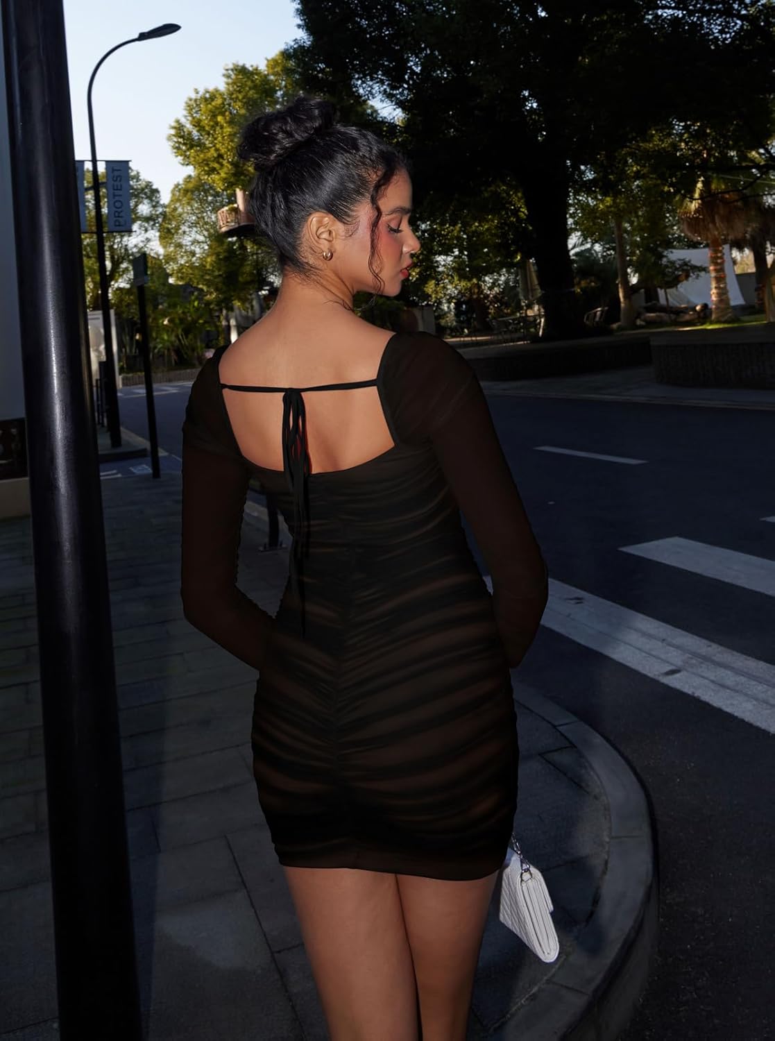 Memoriesea Women's Sexy Mesh Square Neck Long Sleeve Ruched Bodycon Party Club Mini Dress - Image 5