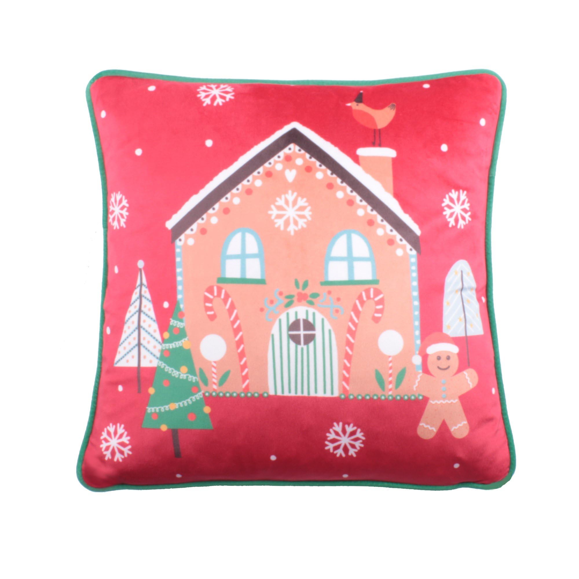 Fusion - Gingerbread Man Cushion (43 x 43cm) - Piped Edge - Filling Included - Reversible (2 Colours) - Red Christmas Cushion with Cover Included/Cushion Insert - Christmas Decoration/Christmas Pillow