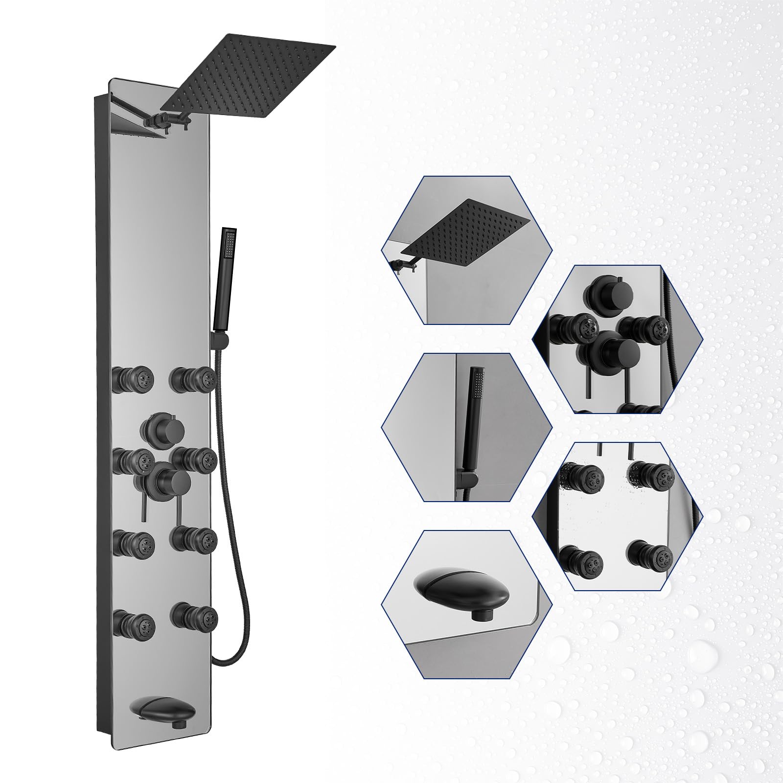 BWE Stainless Steel Shower Panel Tower System,Multi-Function Tempered Glass Shower Panel,Rainfall Shower Head 8-Massage Jets with Tub Spout Hand Shower for Home Hotel Resort Split Type Black