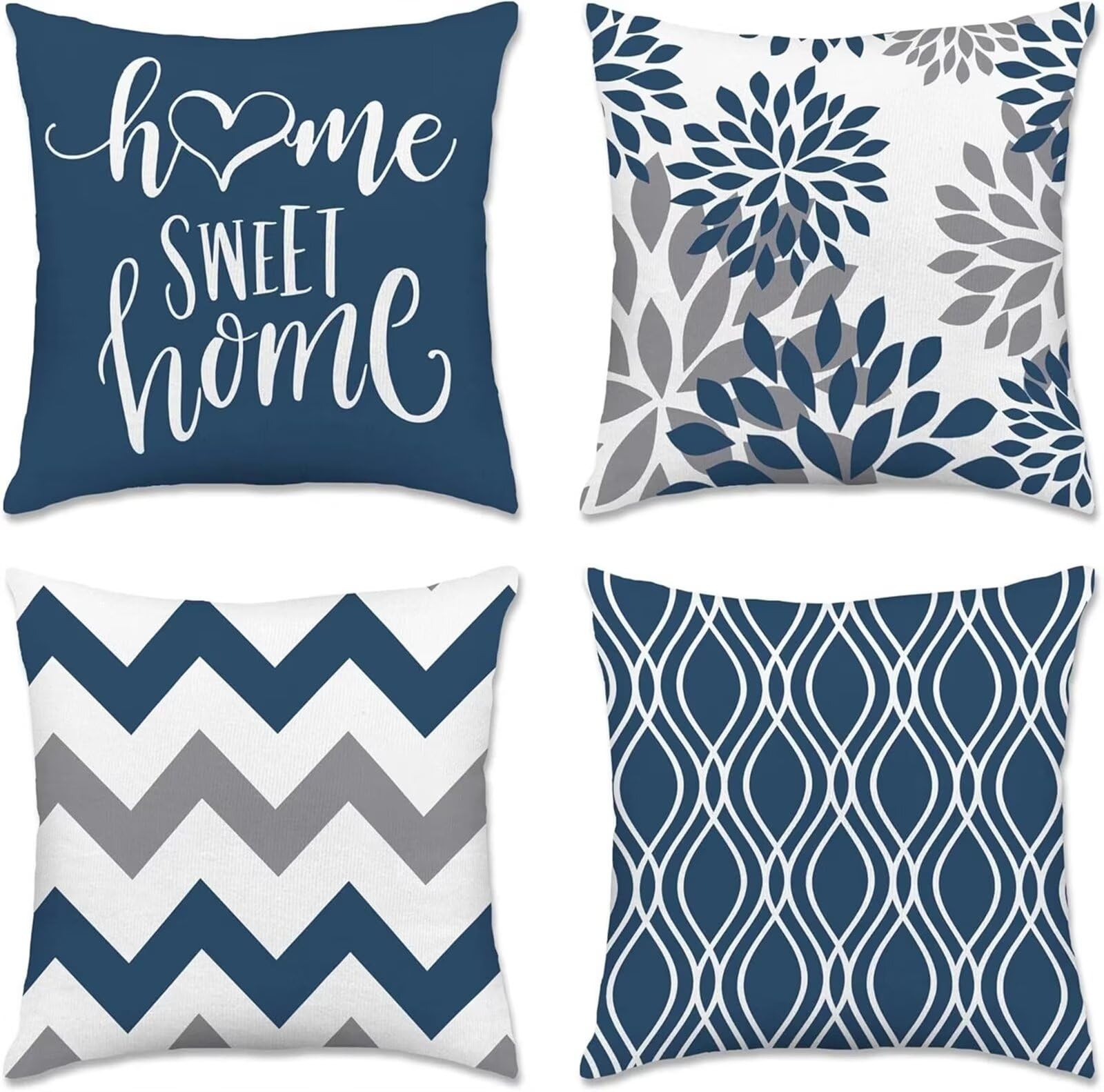 Heaen Outdoor Cushions Covers Waterproof 35x35 cm Set of 4 Square Linen Pillow Cases Grey Blue Geometric Decorative Dushions for Sofa Porch Patio Home Decor