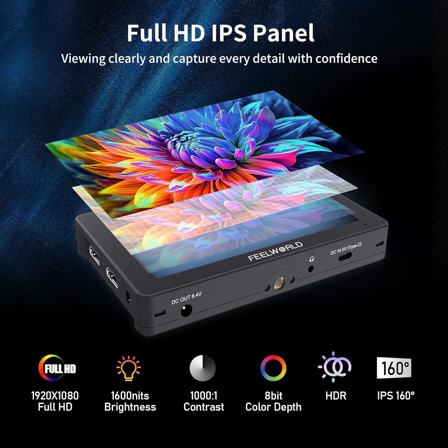 FEELWORLD F5 PRO X 1600nits - Monitor per fotocamera, 5,5 pollici HDR IPS Field DSLR 1920 x 1080 FHD Touch Screen, 4K 60Hz HDMI 3D LUT Waveform Peaking Focus Zebra