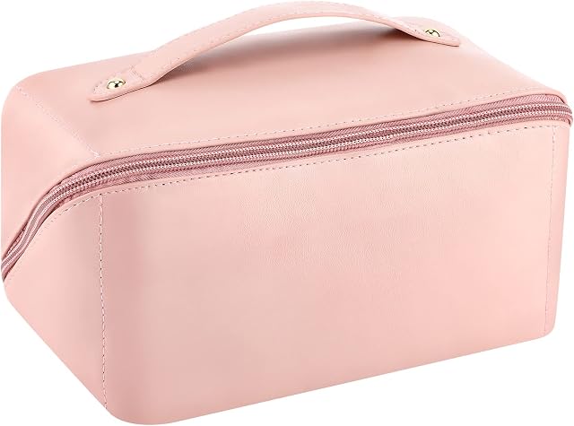 Portable Travel Makeup Bag - PU Large Capacity Cosmetic Bag with Handle and Zipper, Toiletry Bags for Women with Multi Pouch, Multifunction Makeup Organizer Bag Wash Bag for Ladies Girls (Pink)