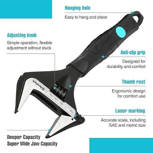 Miniatura 17 de DURATECH Llave ajustable de 10 pulgadas, llave de fontanería con acabado de óxido negro con apertura de mandíbula ancha, acero CR-V, SAE y escala