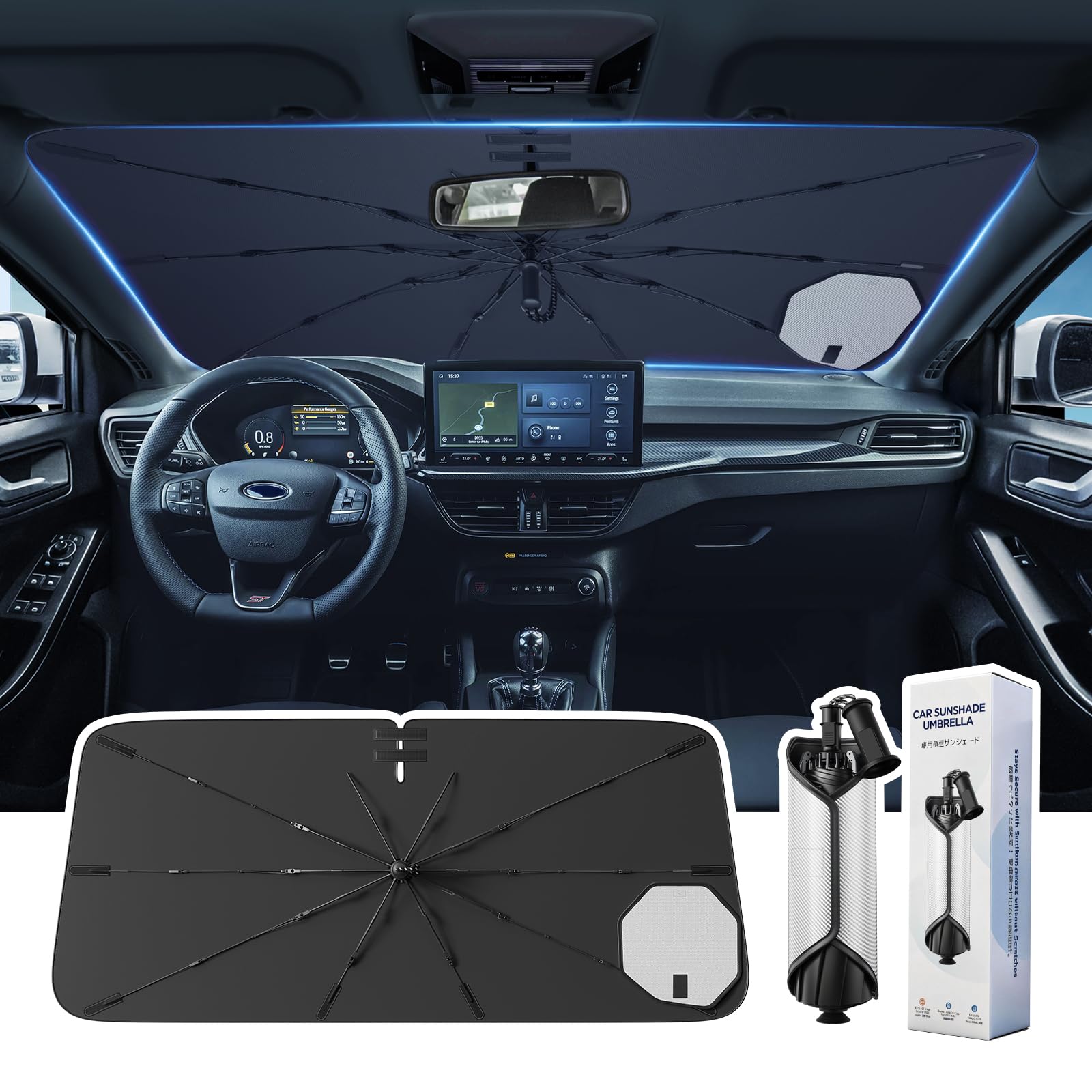 [Amélioré] Pare-Soleil pour Pare-Brise Ford Focus 2019-2025, Parasol de Voiture Pliable Bloque Les Rayons UV & Chaleur, Protection Solaire Facile à Installer & Plier