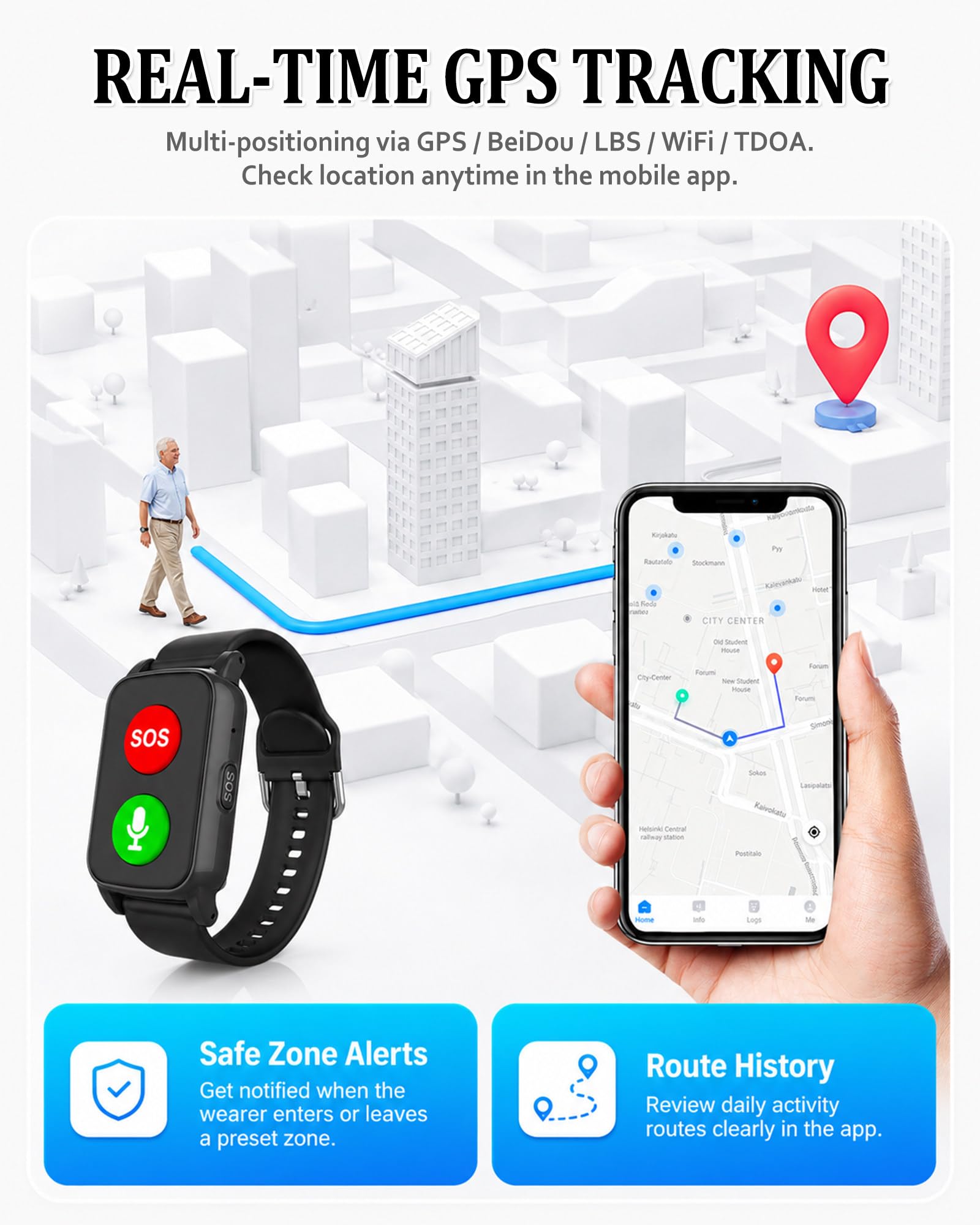 Smartwatch di Allerta Medica per Anziani con Rilevamento di Caduta, Tracciamento GPS e Monitoraggio della Salute, Impermeabile, Pulsante Rosso
