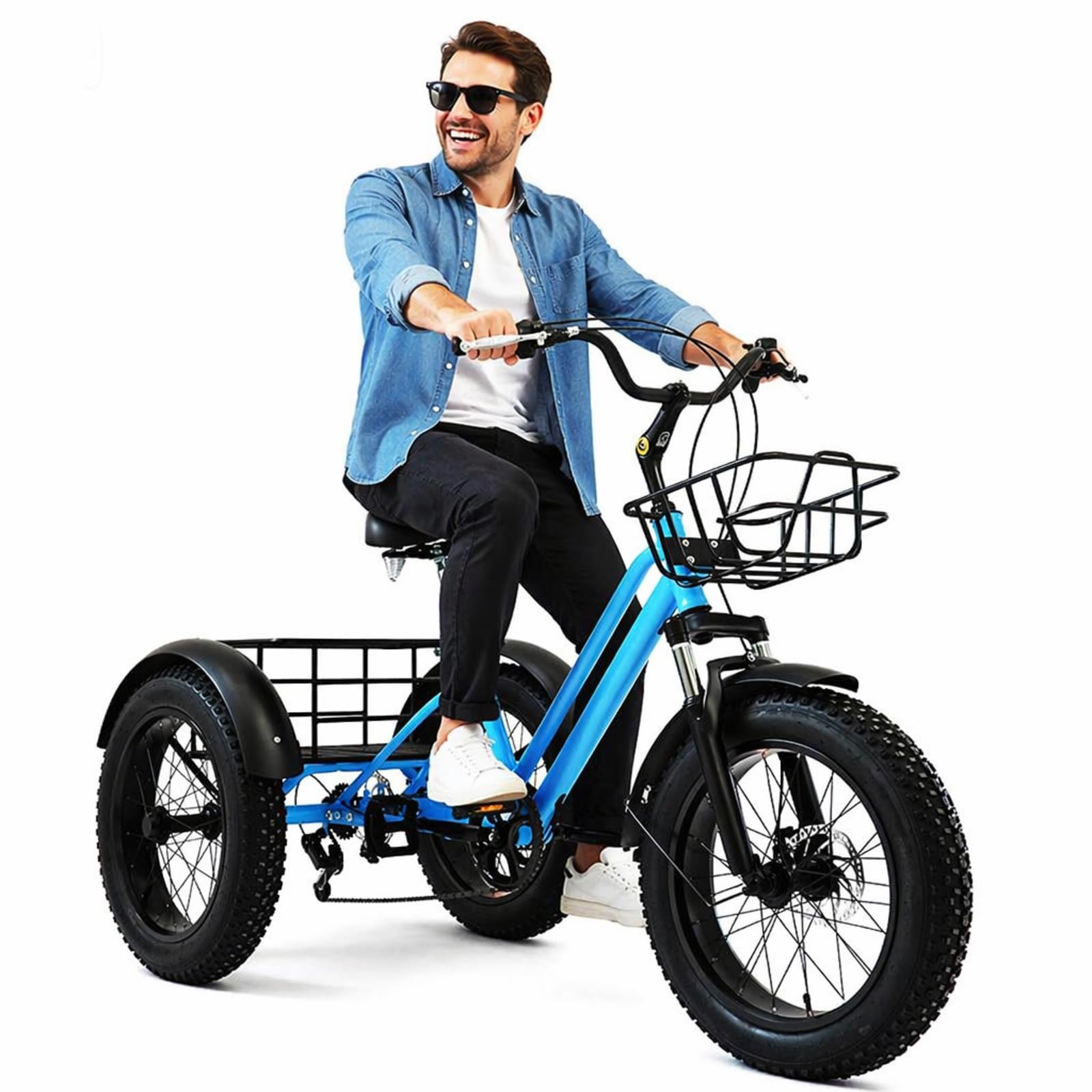 hKjPlvf Adult Tricycle 20 Inch 7 Speed Fat Tire Trike Low Step-Through All Terrain Cruiser Bicycle with Large Cargo Basket for Shopping Fitness Stability Outdoor Picnic Blue Black Blue
