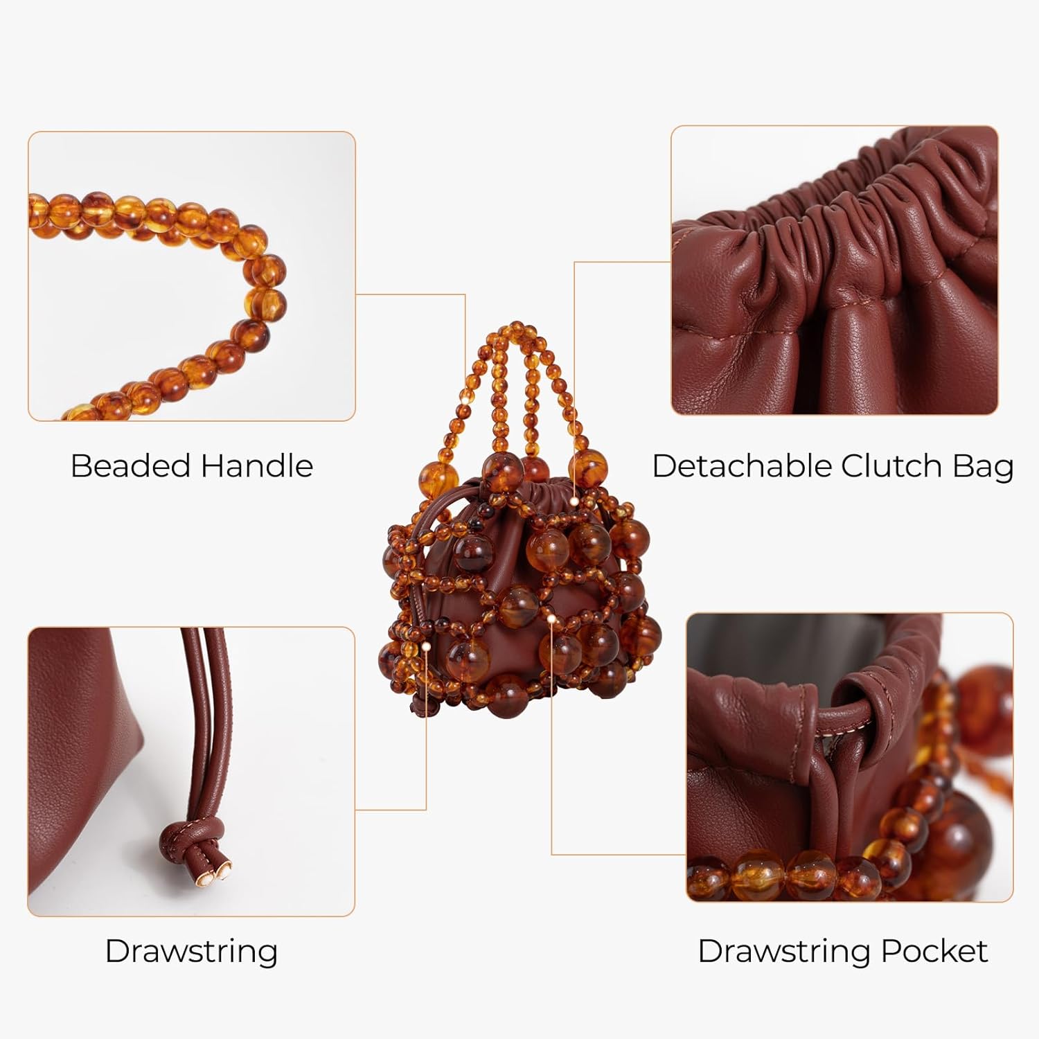 Women's brown leather shoulder bag with amber bead decoration, Bohemian women's crossbody bag, cute little handbag - Image 5