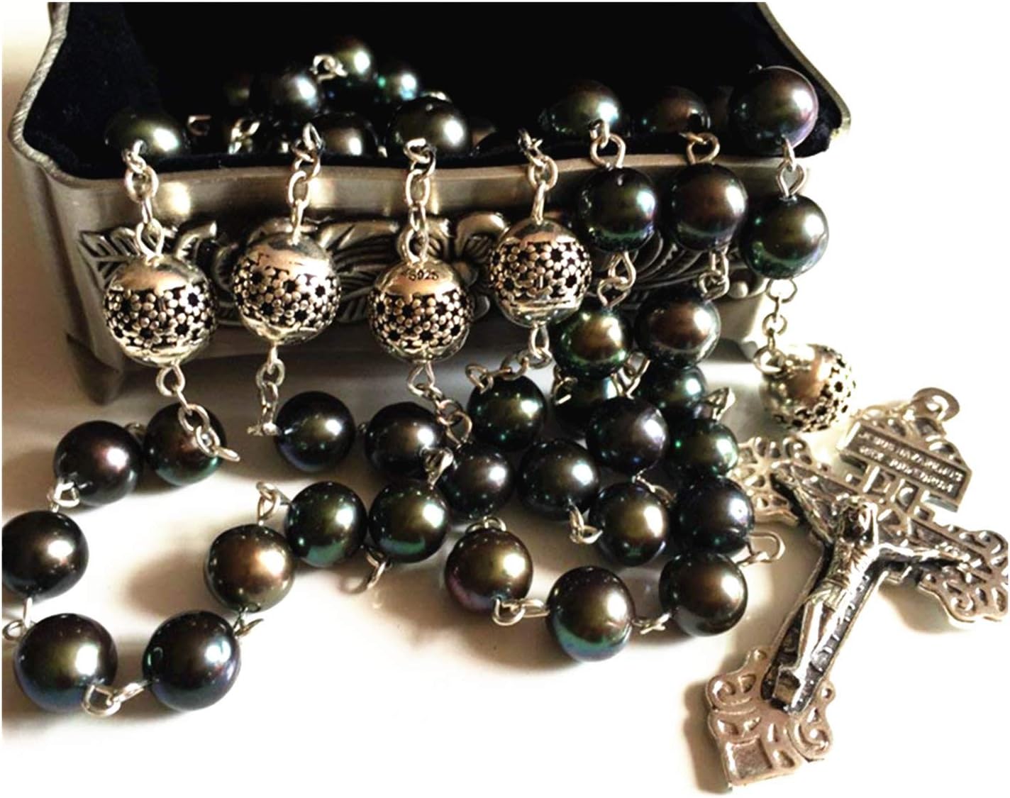 elegantmedical HANDMADE AAA Black Real Pearl + Bali Sterling Silver Beads Catholic Rosary Cross CRUCIFIX Necklace box - Image 3