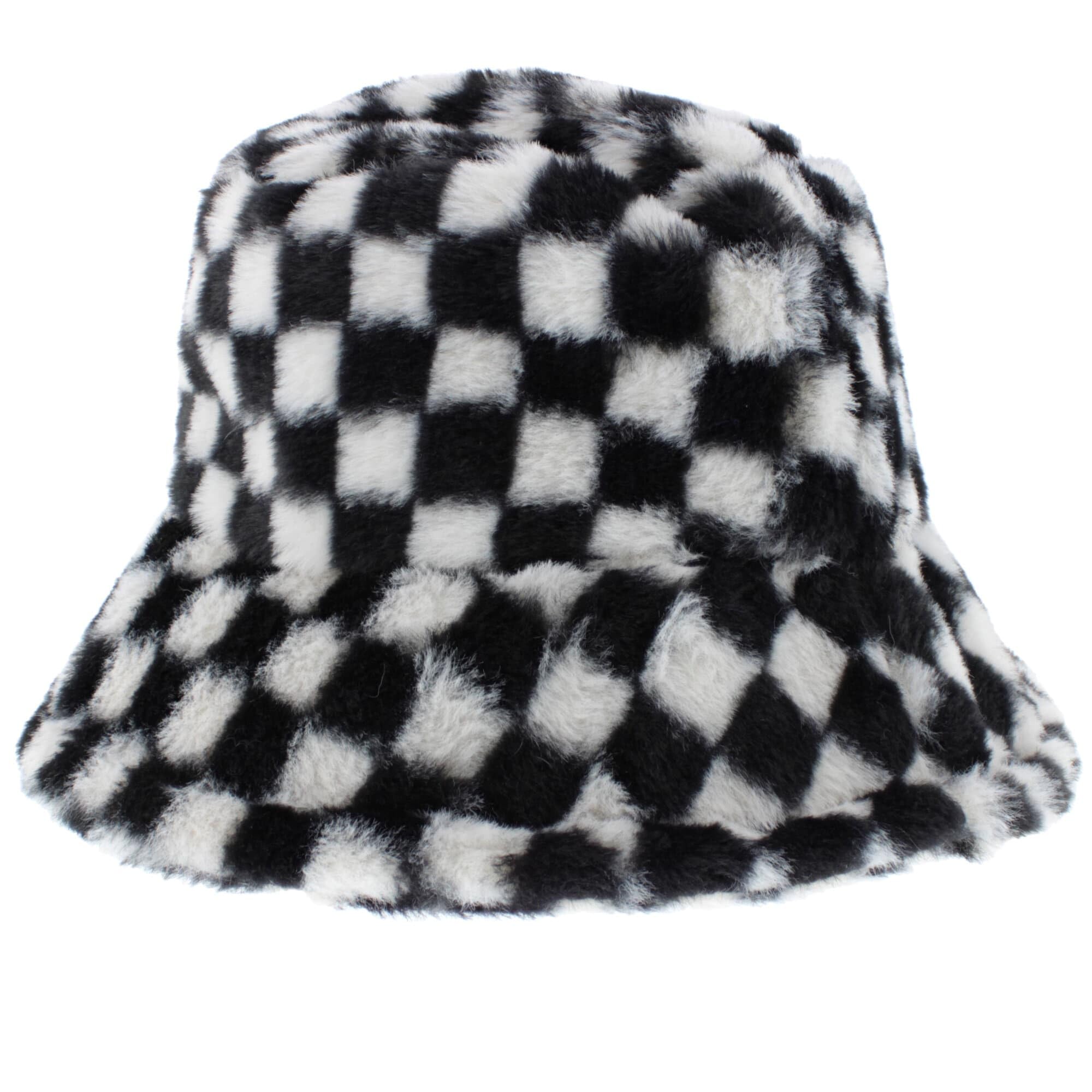 Zac's Alter Ego Women's Black Checkered Faux Fur Warm Winter Bucket Hat