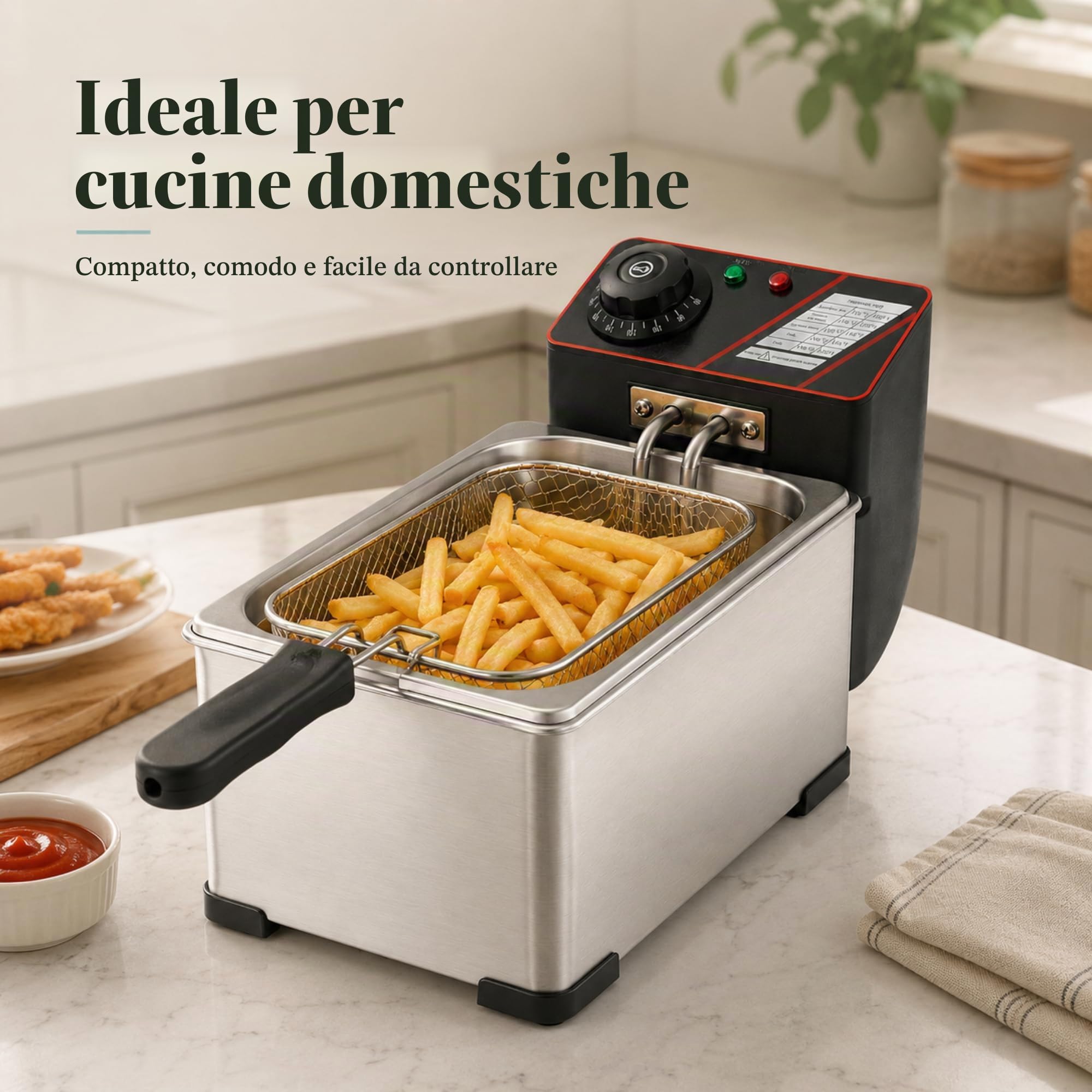 Friggitrice Elettrica Professionale 3L in Acciaio Inox | Friggitrice a Olio, Cestello Estraibile, Temperatura Regolabile, Design Compatto, Per Casa, Bar, Cucina e Ristorazione