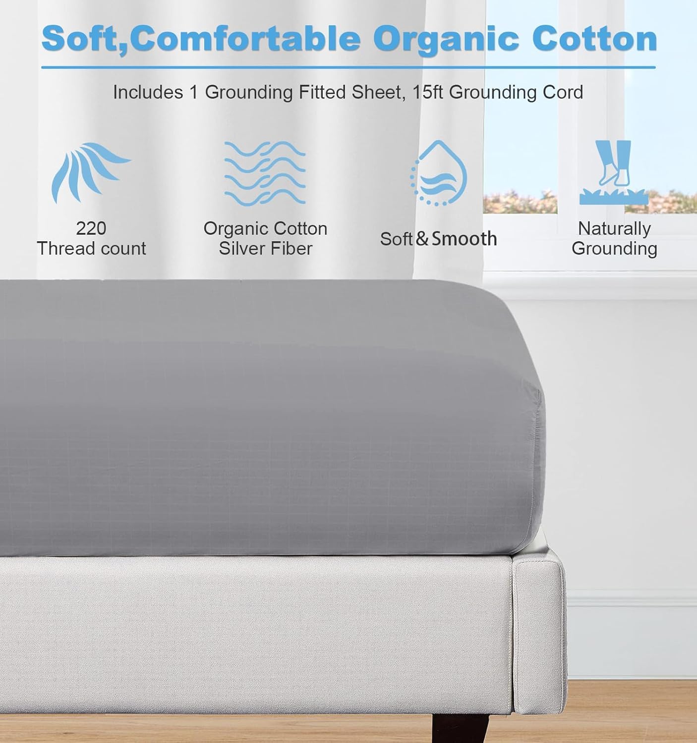 KLASLAV Kit Lenzuolo Con Angoli Messa A Terra – Cotone Organico E Fibra D'Argento – Tasca Profonda – Cavo 4,6 M – Completo