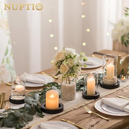 Miniatura 7 de NUPTIO Portavelas de madera, pilar bandeja negra para velas con jarrón redondo de vidrio de huracán, juego de 2 portavelas flotantes cilíndricos