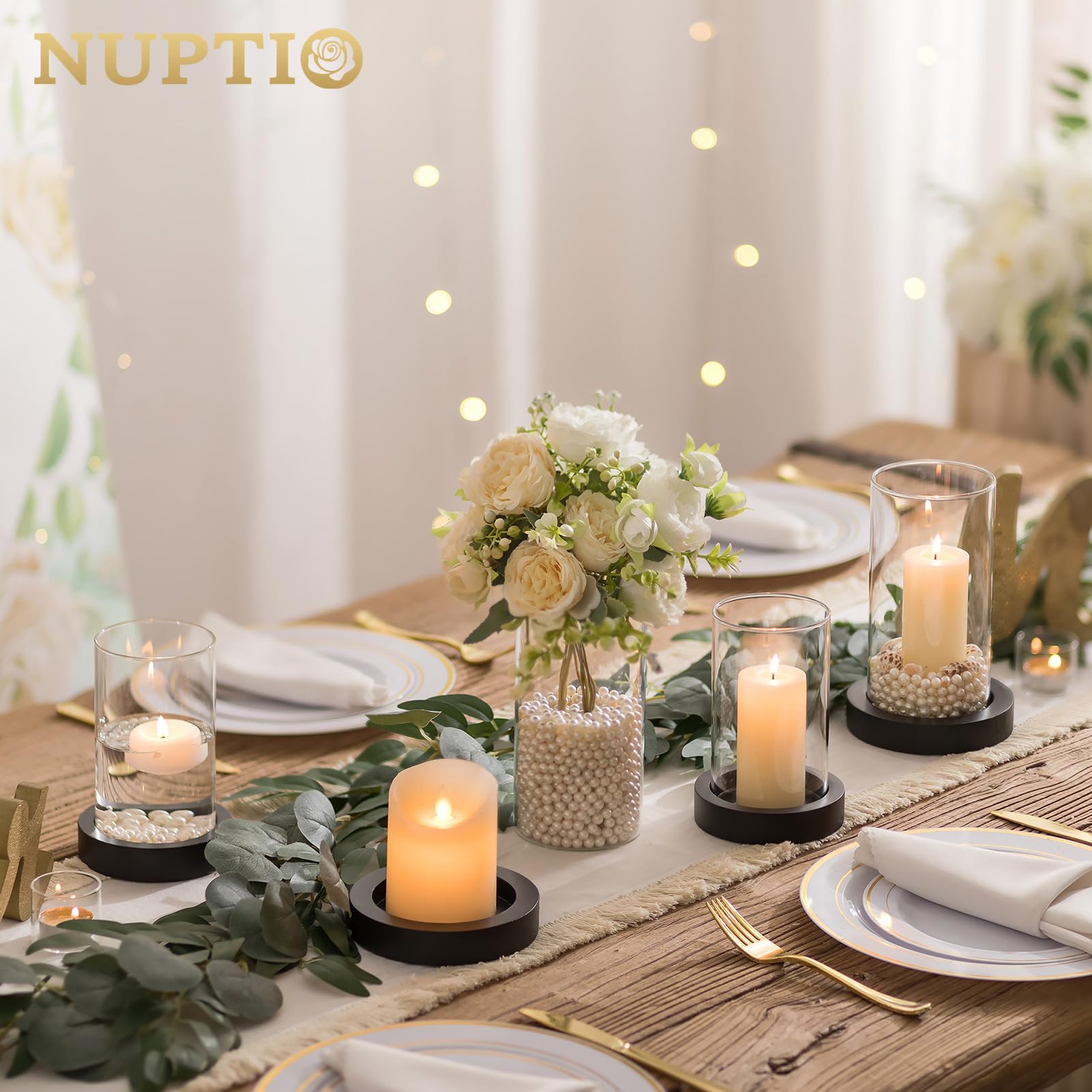 NUPTIO Photophore en Verre Bougeoir en Bois : Set De 2 Verres Photophores Cylindre en Noir Vase Grande Bougie À Réchaud Bougeoir De Table Décoration De Table Noël Mariage Outdoor