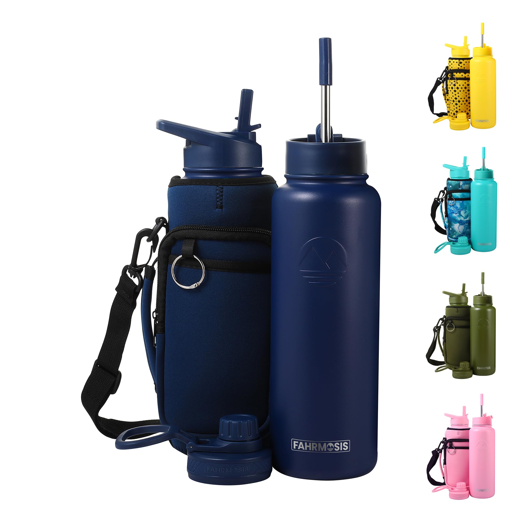 FAHRMOSIS 40 Oz Water Bottle with Strap Stainless Steel Sports Water Bottle with 3 Lids (Straw, Chug and Flip Lid) Insulated Leak Proof Metal Jug for